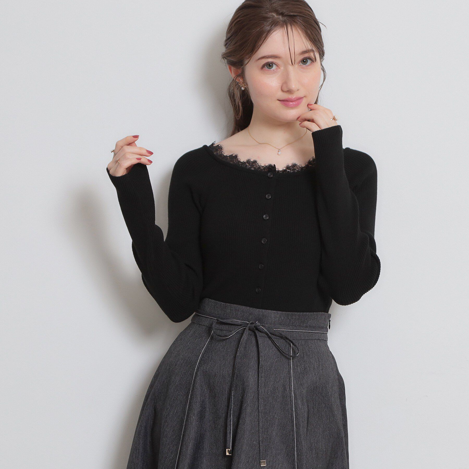 Couture broach「前後2WAY衿レースカーディガン」|カーディガン|ブラック(019)