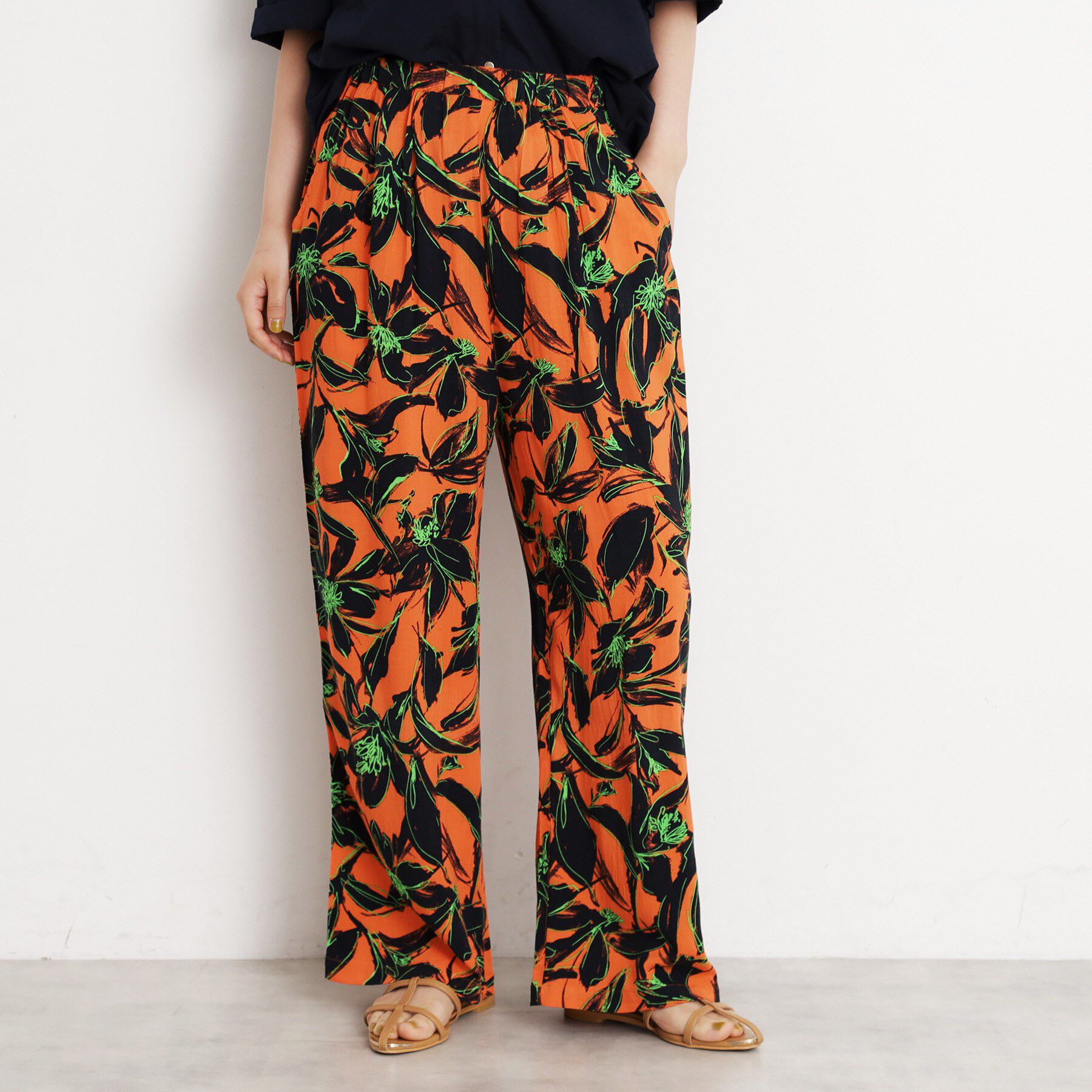 THE SHOP TK「レーヨンリネン総柄ワイドパンツ【洗える】」|その他|オレンジ(167)