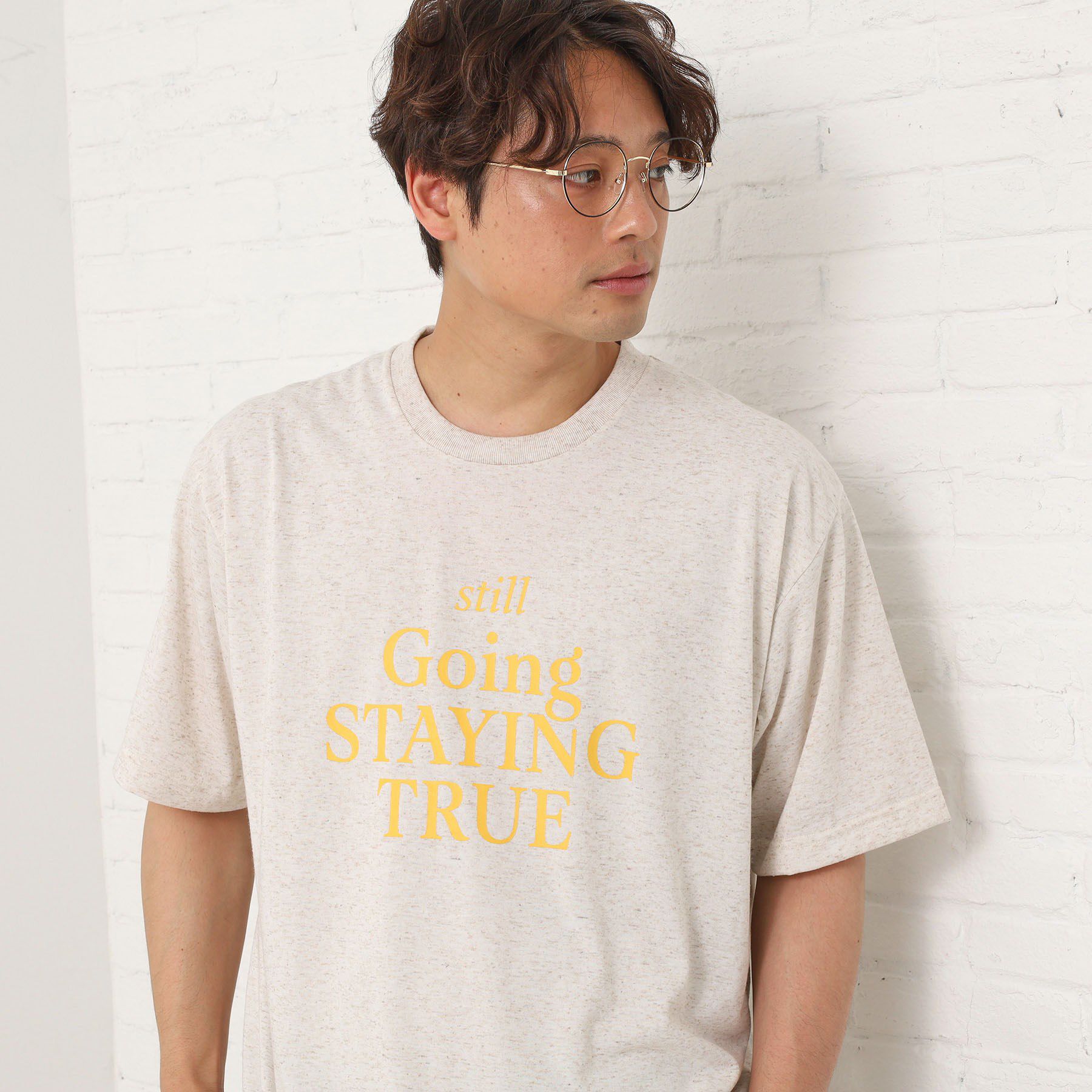 THE SHOP TK「ポリ麻プリント半袖Tシャツ【洗濯機OK】」|Tシャツ・カットソー|アイボリー(004)