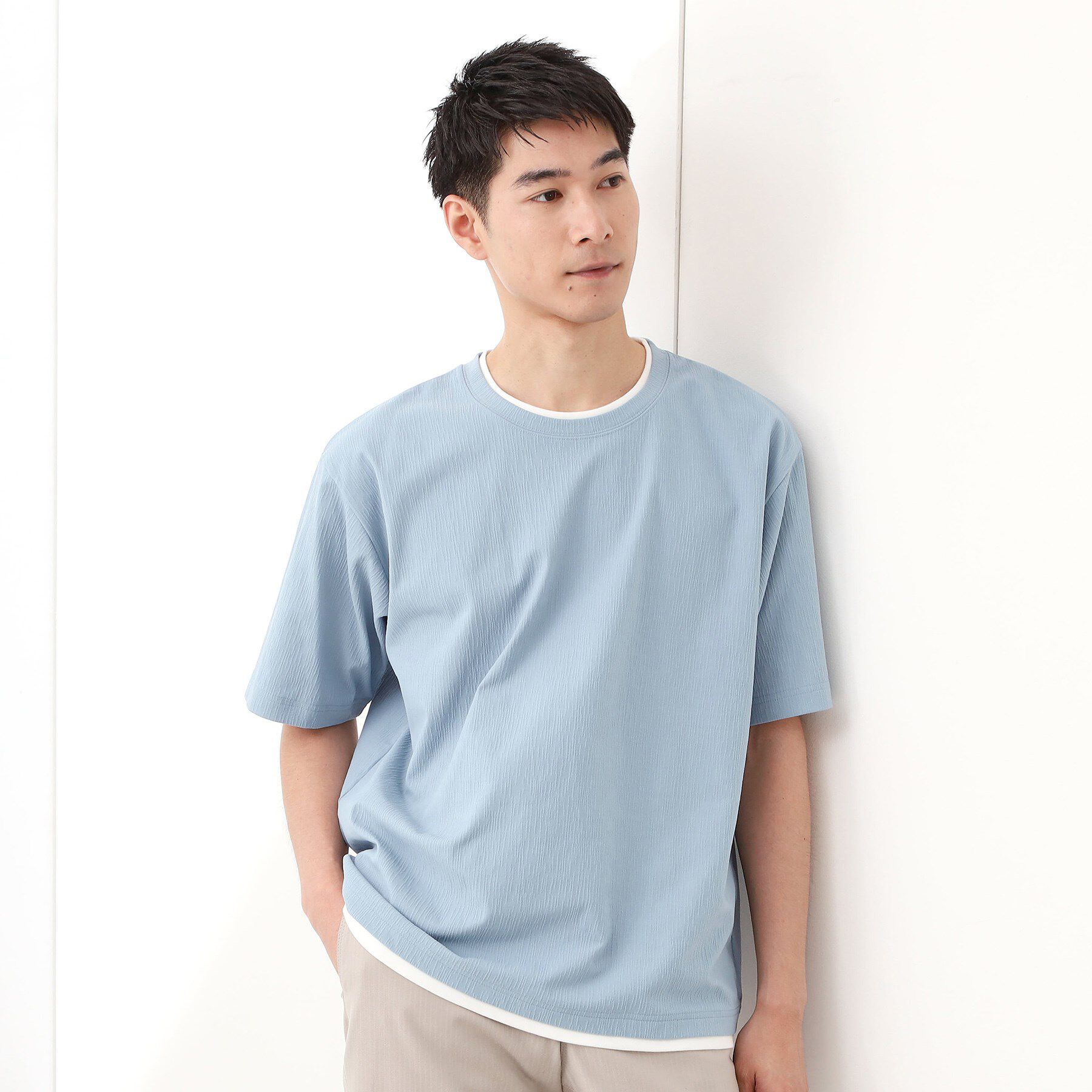 THE SHOP TK「楊柳フェイクレイヤード半袖Tシャツ 【吸水速乾/毛玉になりにくい/洗濯機OK】」|Tシャツ・カットソー|ブルー(092)