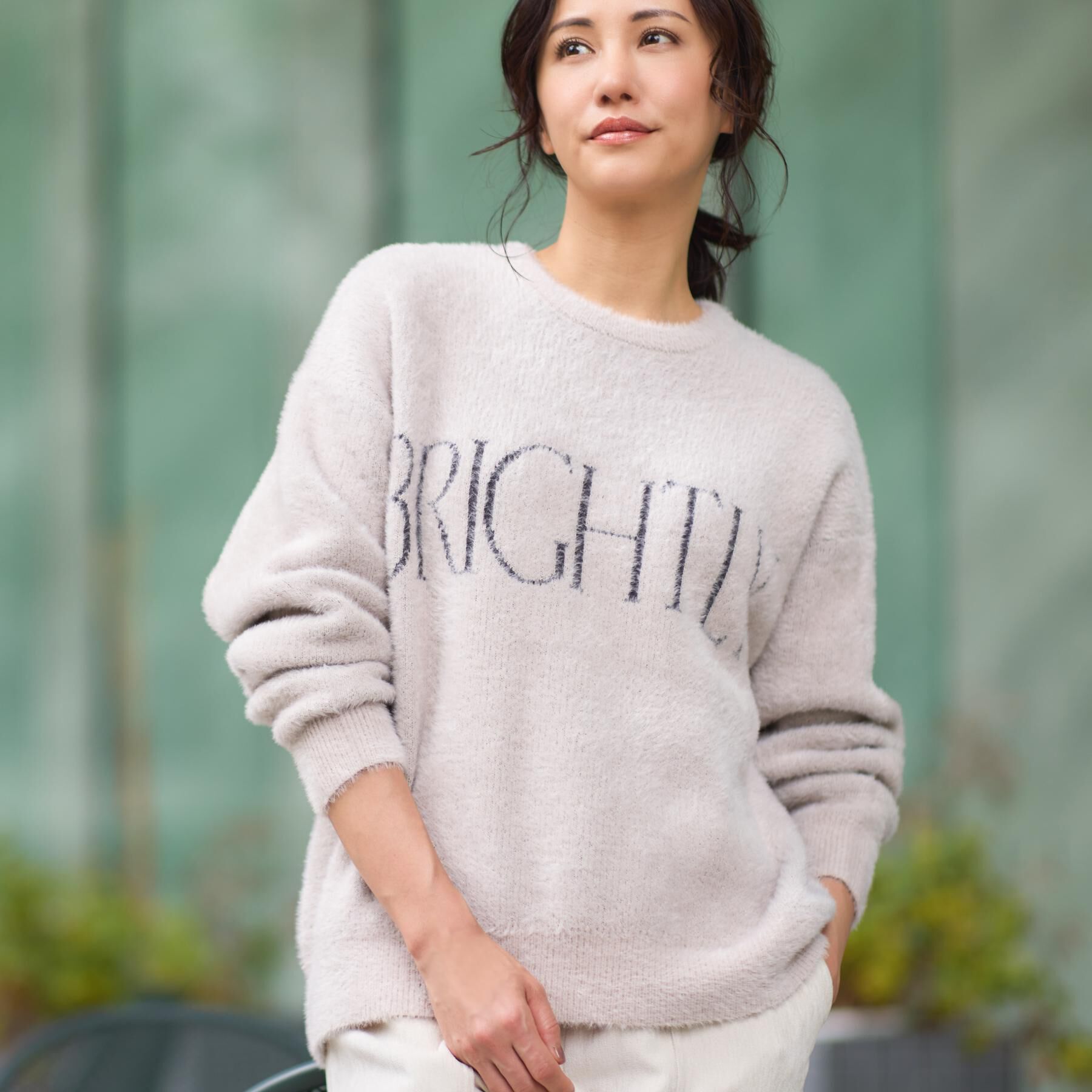 THE SHOP TK「ベルベットフェザー ロゴニットプルオーバー」|Tシャツ・カットソー|グレージュ(050)