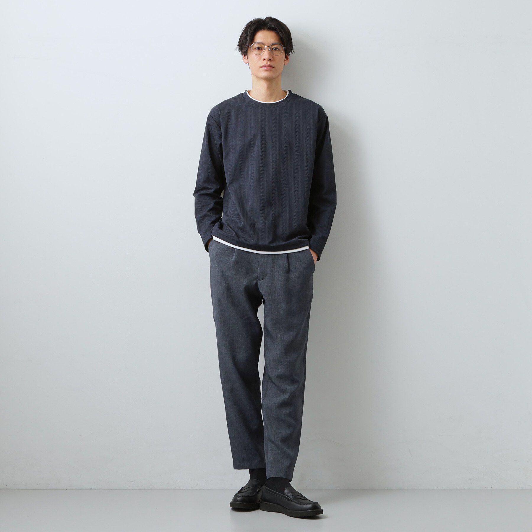 THE SHOP TK「【程よく品のある着こなし】ジャカード フェイクレイヤード長袖Tシャツ 洗濯機OK」|Tシャツ・カットソー|