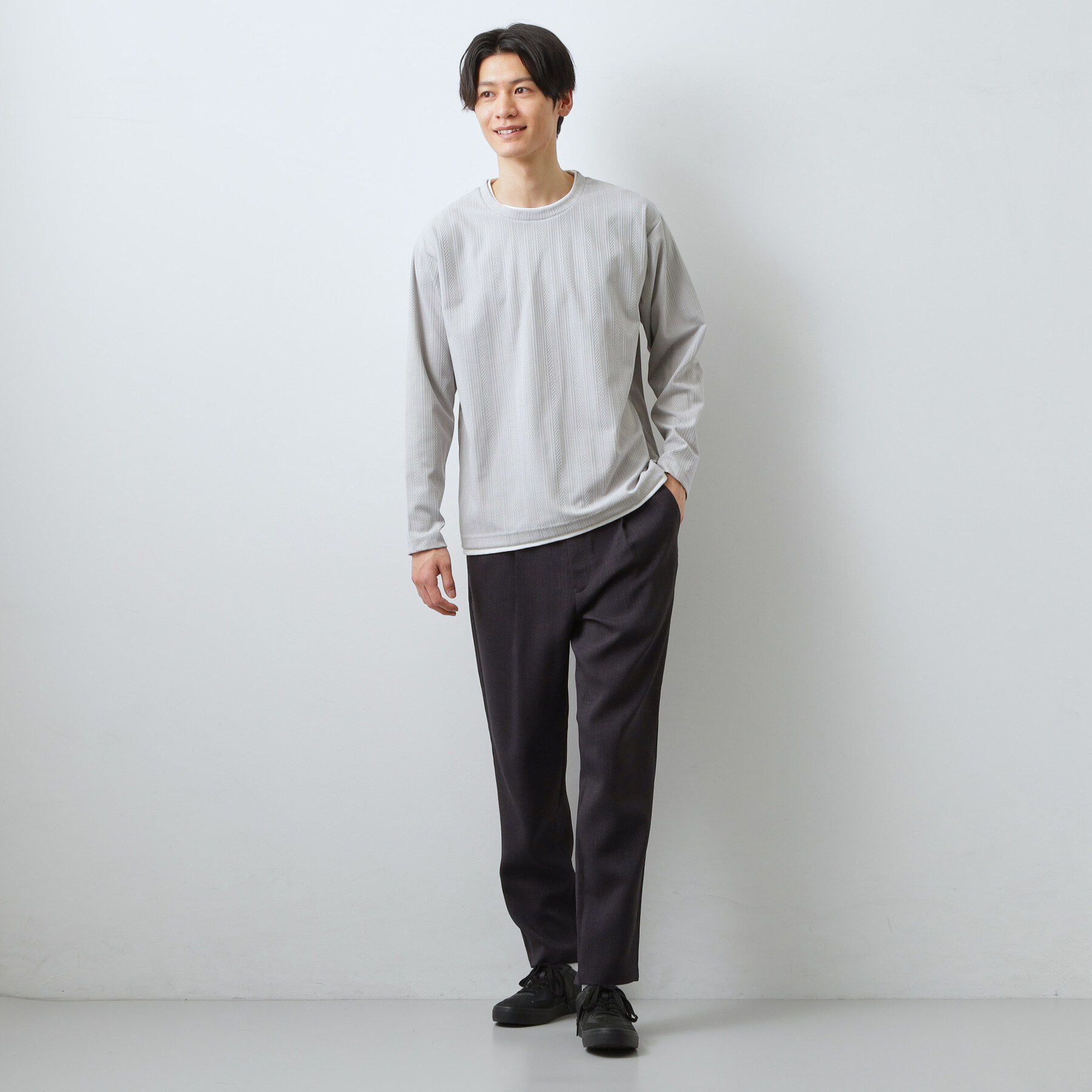 THE SHOP TK「【程よく品のある着こなし】ジャカード フェイクレイヤード長袖Tシャツ 洗濯機OK」|Tシャツ・カットソー|