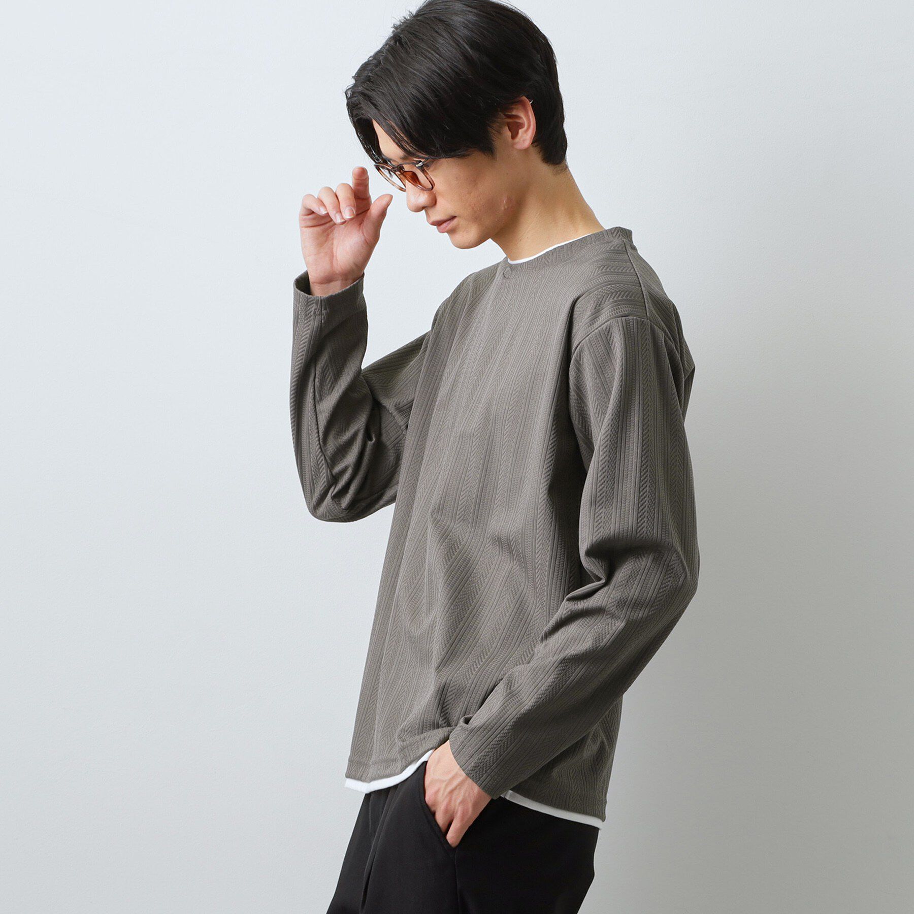 THE SHOP TK「【程よく品のある着こなし】ジャカード フェイクレイヤード長袖Tシャツ 洗濯機OK」|Tシャツ・カットソー|トープ(054)