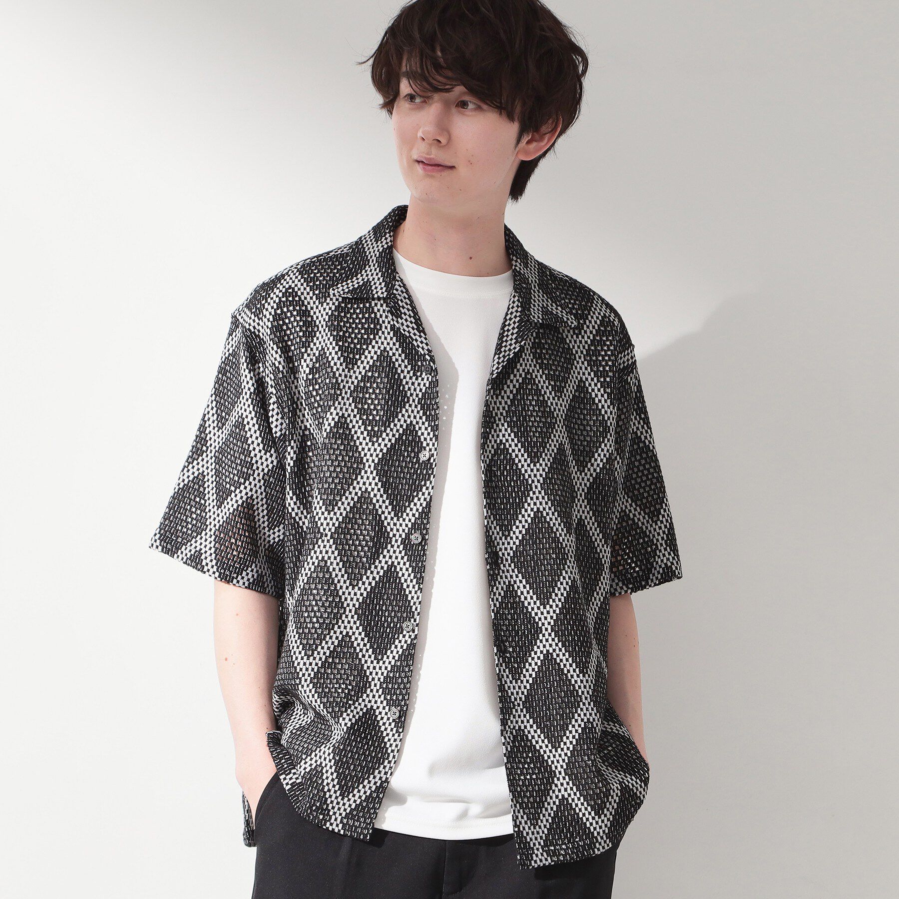 THE SHOP TK「アーガイル柄 レース半袖シャツ 洗濯機OK」|シャツ・ブラウス|ブラック(419)