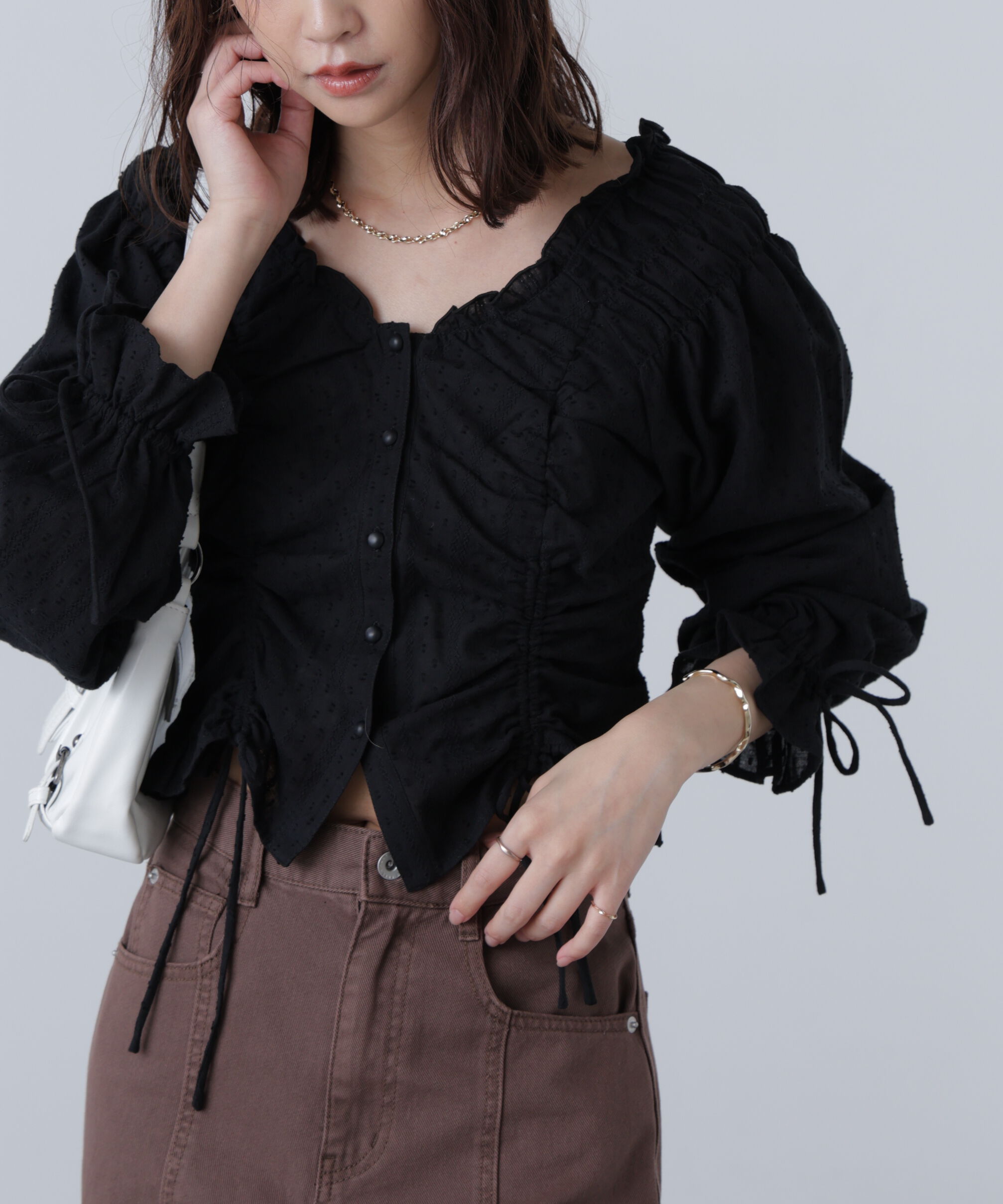  「ドロストリボン長袖ブラウス」|シャツ・ブラウス|