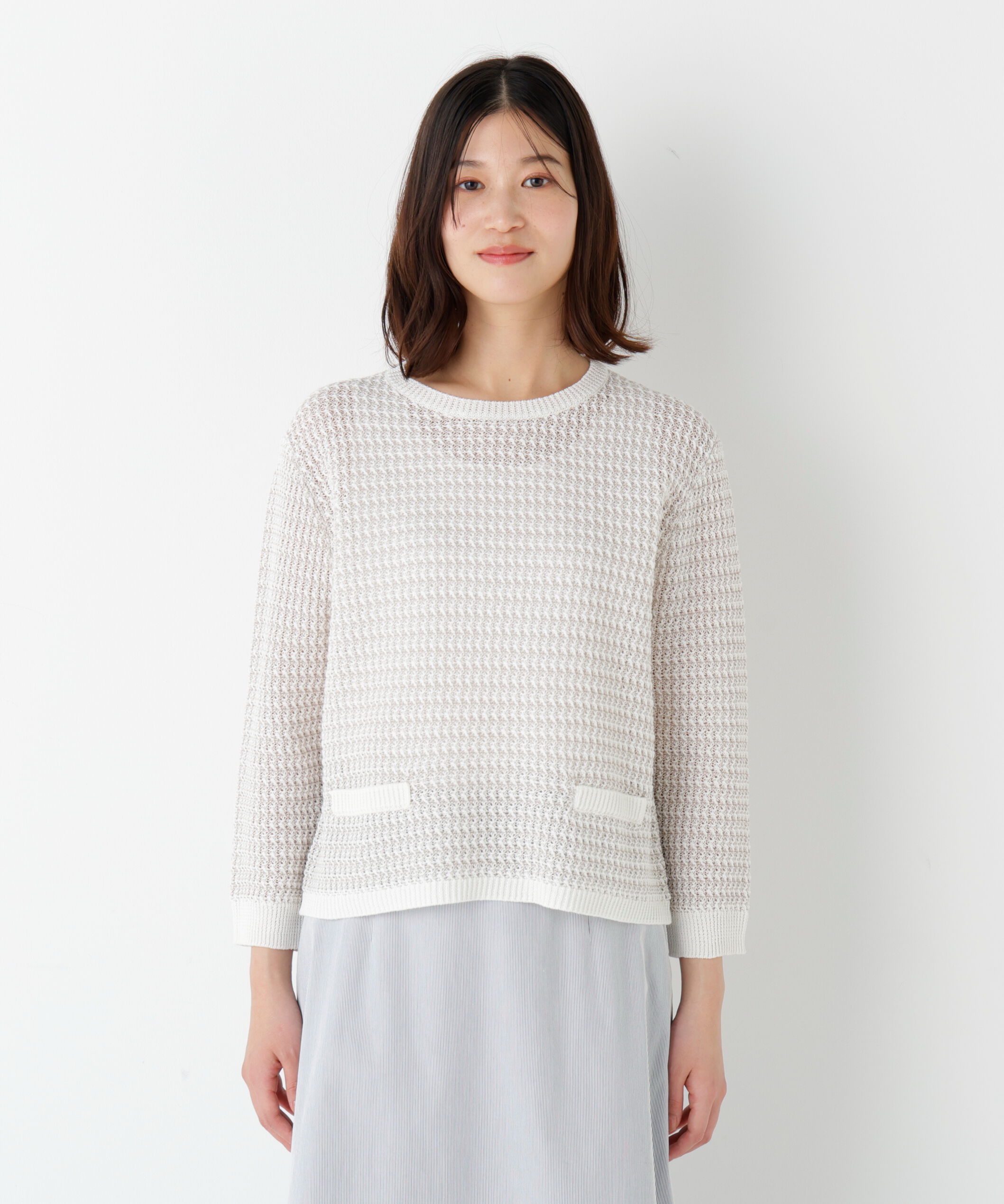  「◆≪ウォッシャブル≫ミドルゲージギマ地柄クルーネックプルオーバー」|ニット・セーター|