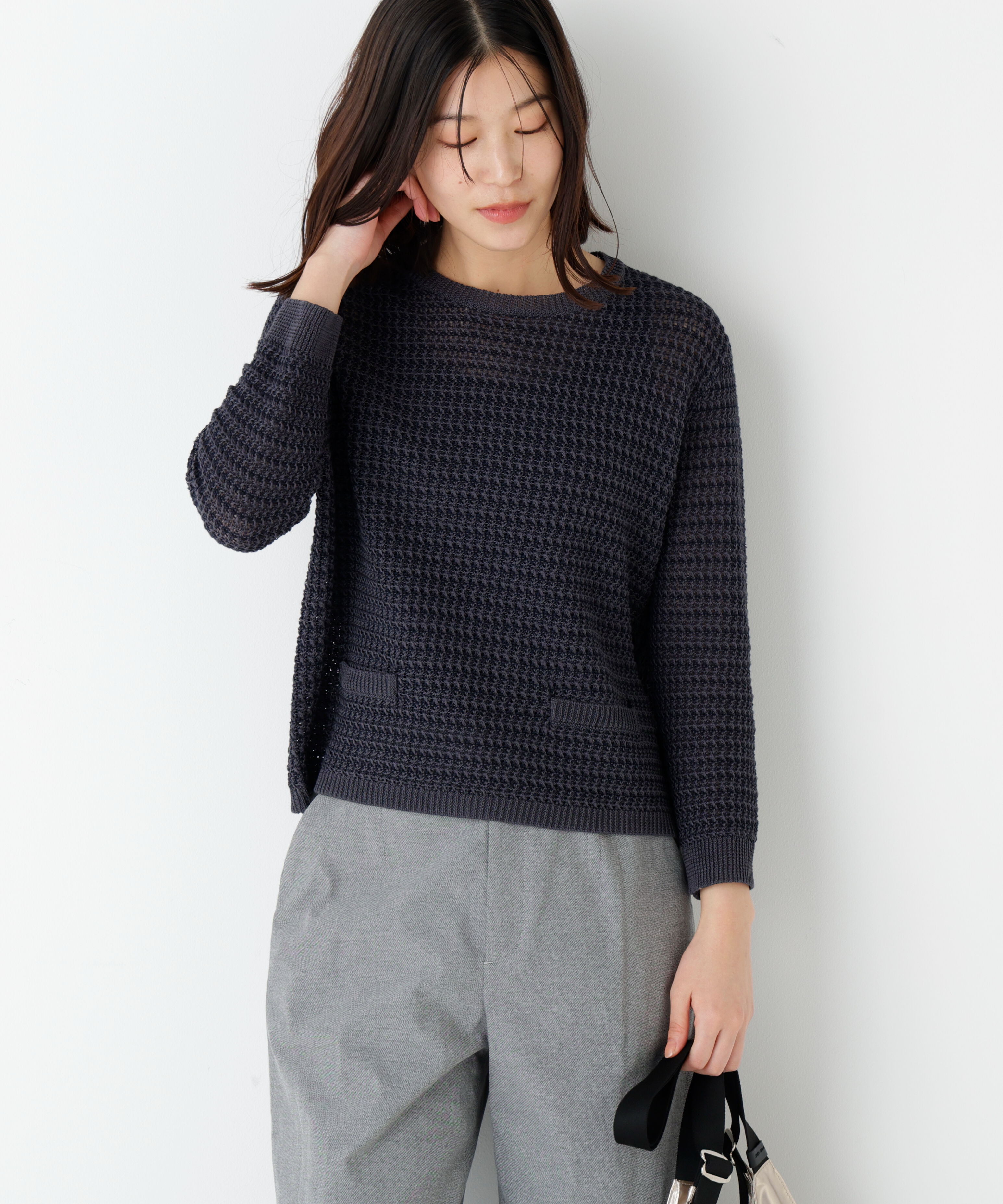  「◆≪ウォッシャブル≫ミドルゲージギマ地柄クルーネックプルオーバー」|ニット・セーター|