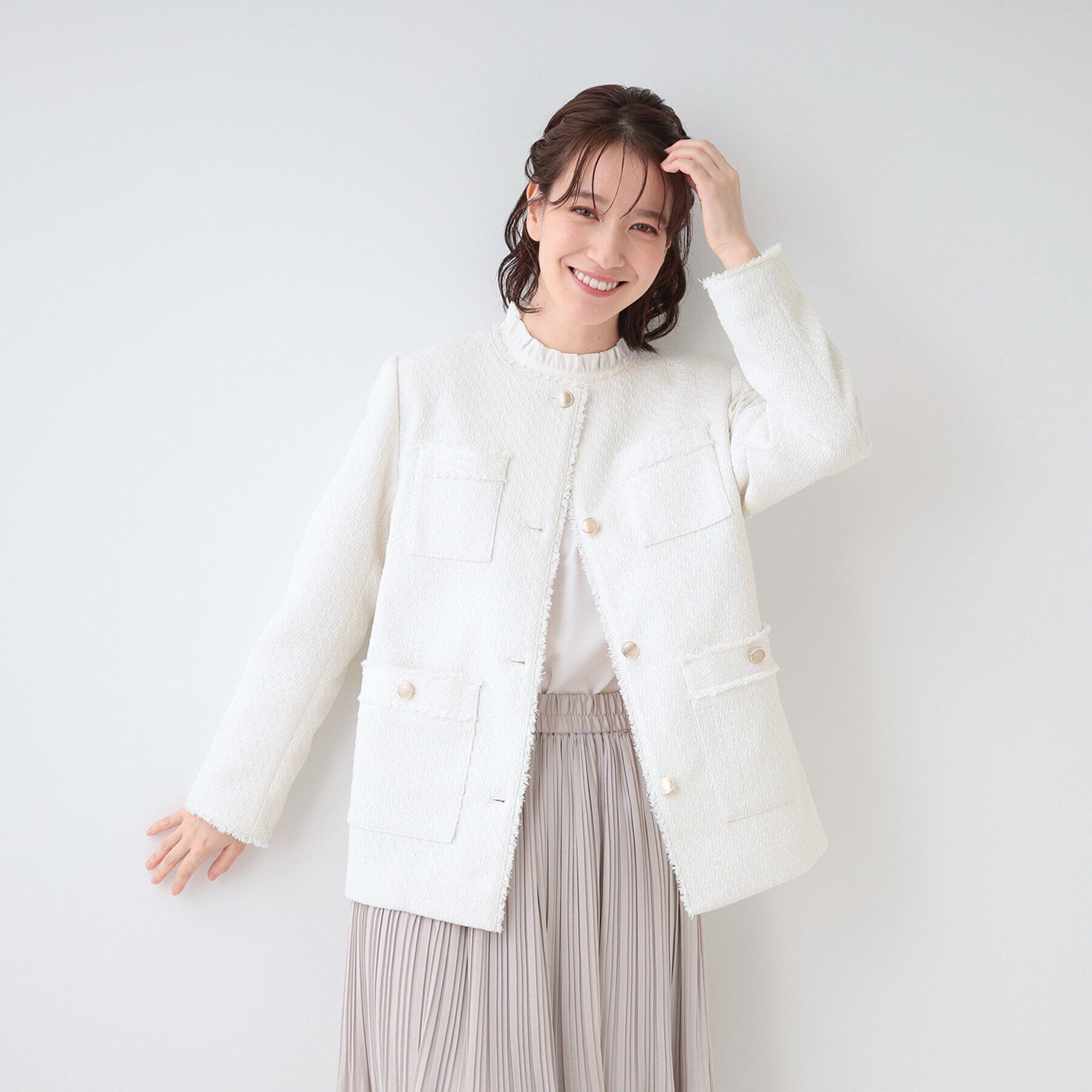 SHOO･LA･RUE「【S-3L/セレモニーからデイリーまで】フリンジツイードジャケット」|ノーカラージャケット|