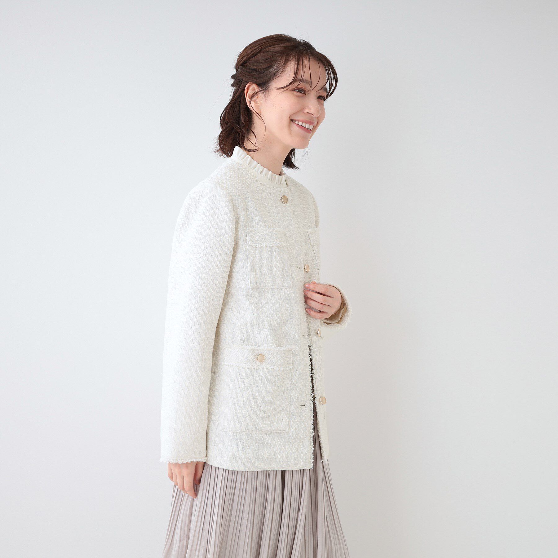 SHOO･LA･RUE「【S-3L/セレモニーからデイリーまで】フリンジツイードジャケット」|ノーカラージャケット|