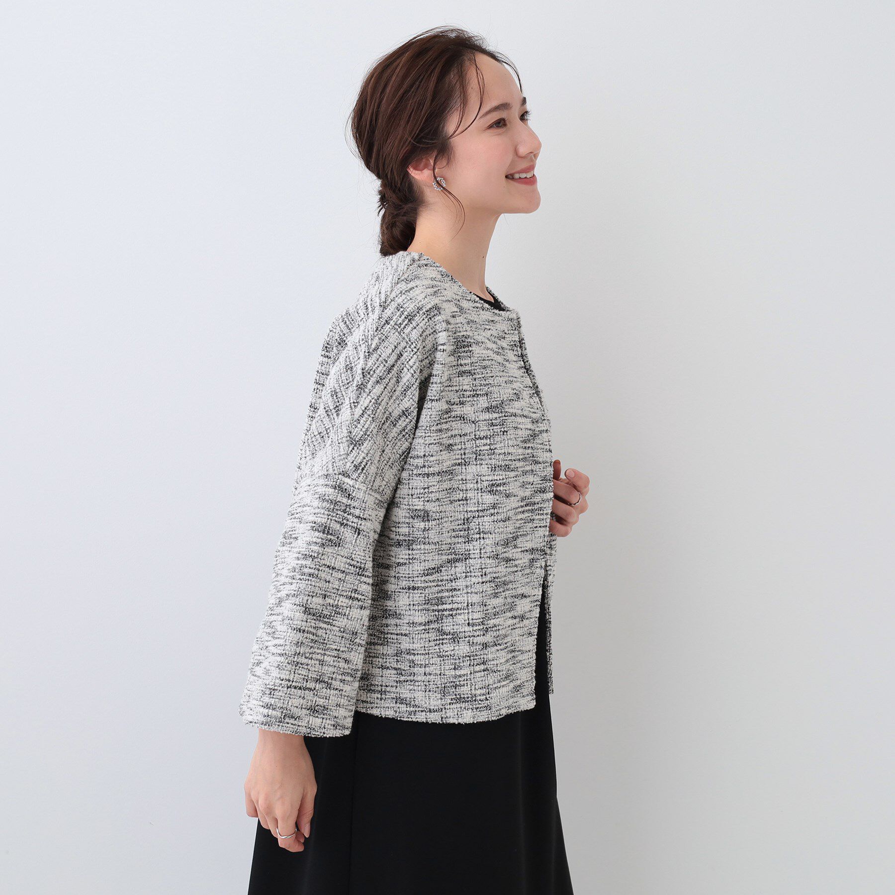 SHOO･LA･RUE「袖フレアーカットツイードジャケット」|ノーカラージャケット|