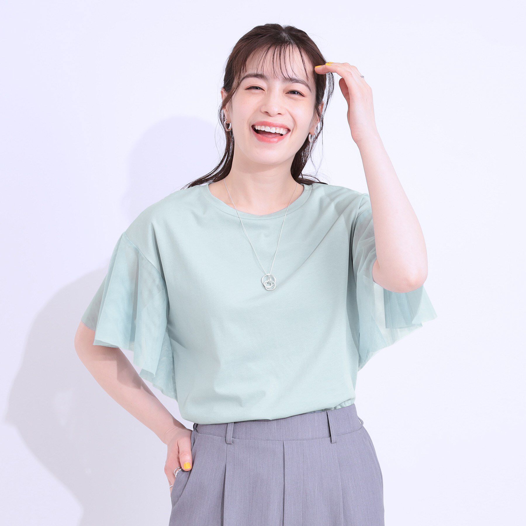 SHOO･LA･RUE「【S-LL/ひんやり】大人フェミニンに お袖チュール フリルトップス」|Tシャツ・カットソー|