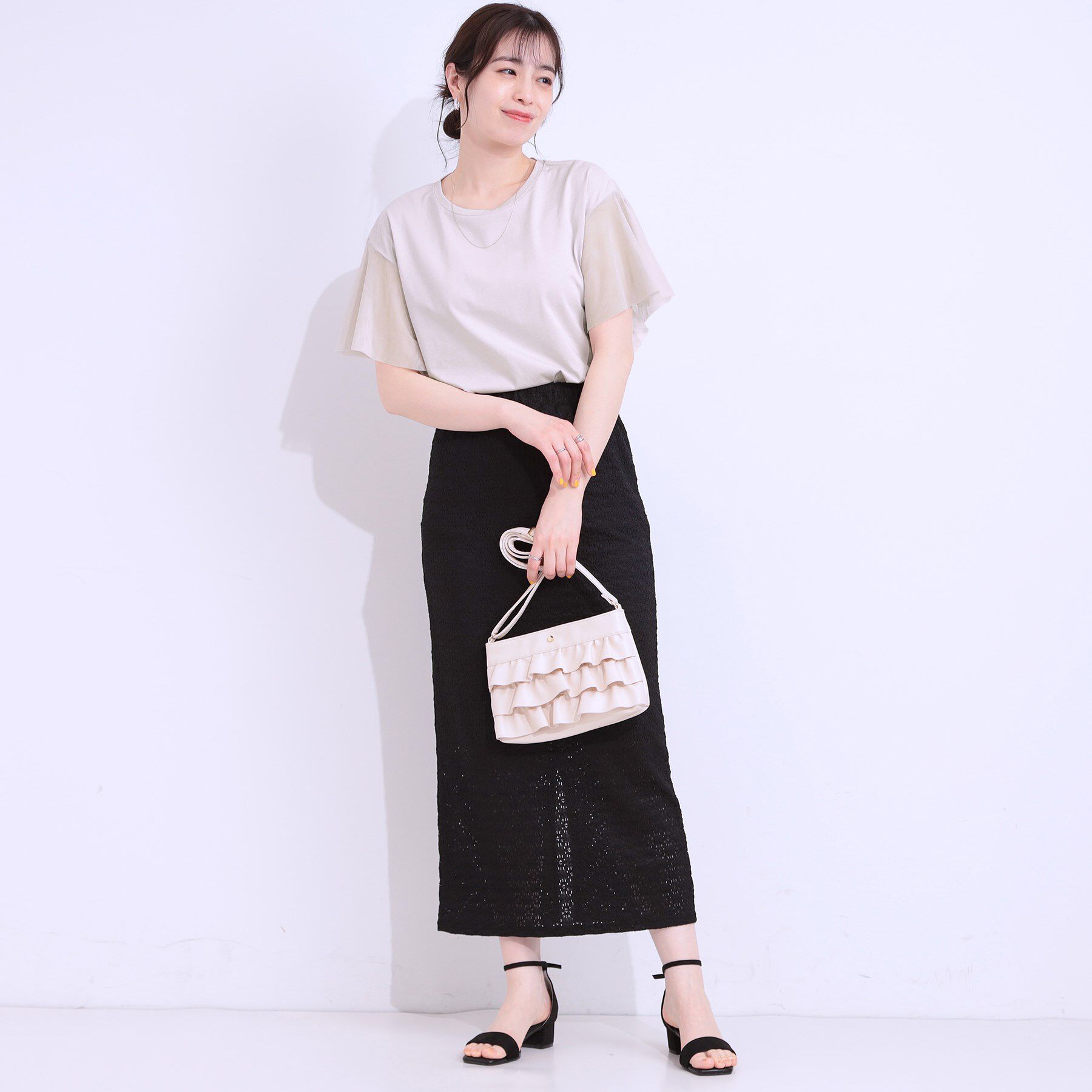 SHOO･LA･RUE「【S-LL/ひんやり】大人フェミニンに お袖チュール フリルトップス」|Tシャツ・カットソー|