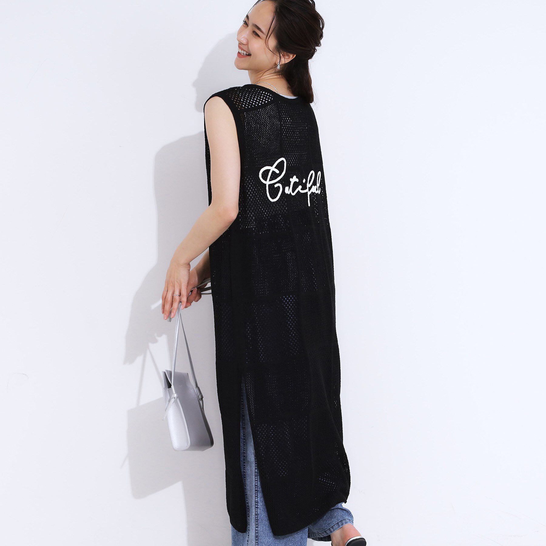 SHOO･LA･RUE「【前後2WAY】リネンライクブークレ パッチワーク風ニットワンピース」|ワンピース|ブラック(019)