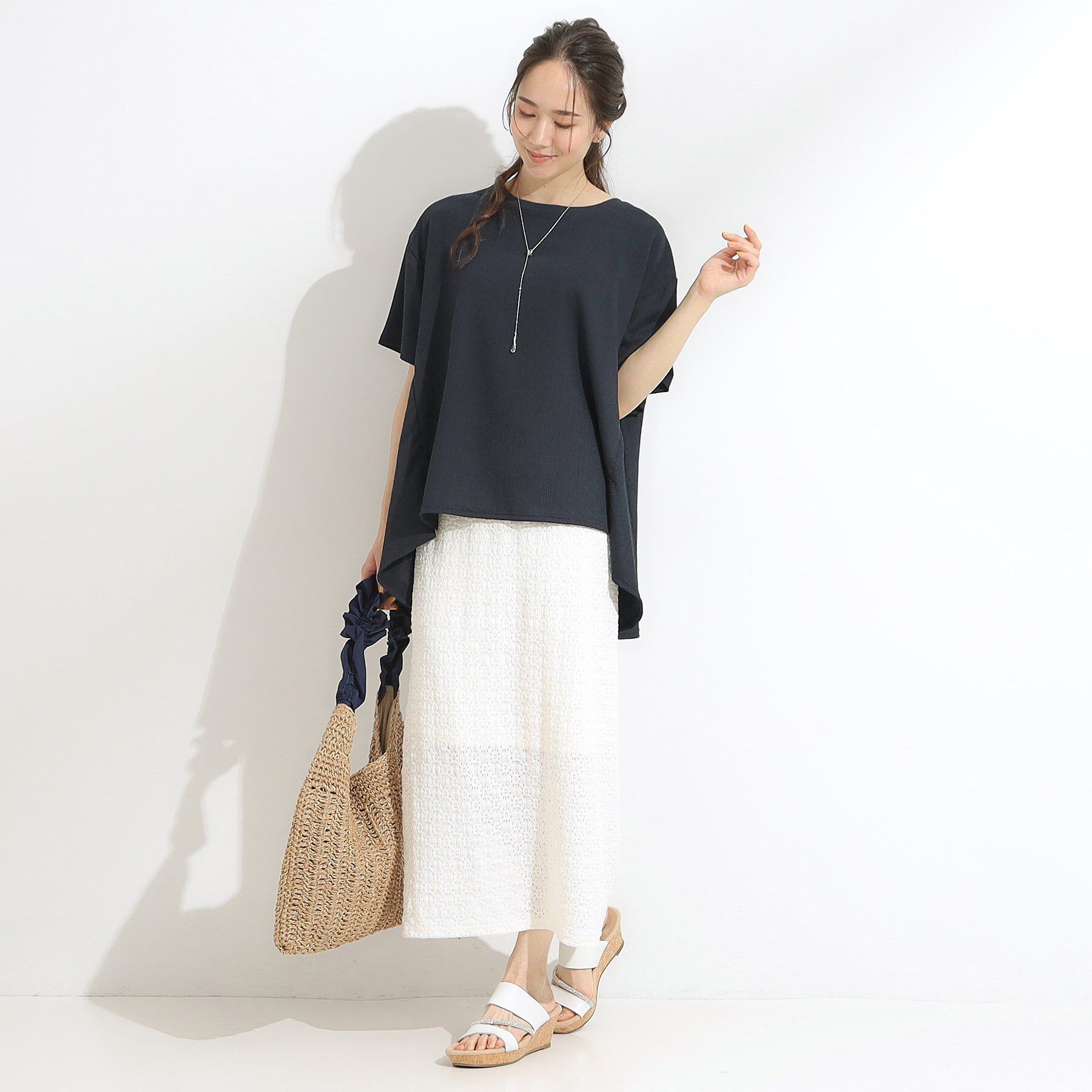 SHOO･LA･RUE「【S-LL/洗える/体型カバー/5分袖】涼しくきれいに決まる Aライントップス」|Tシャツ・カットソー|