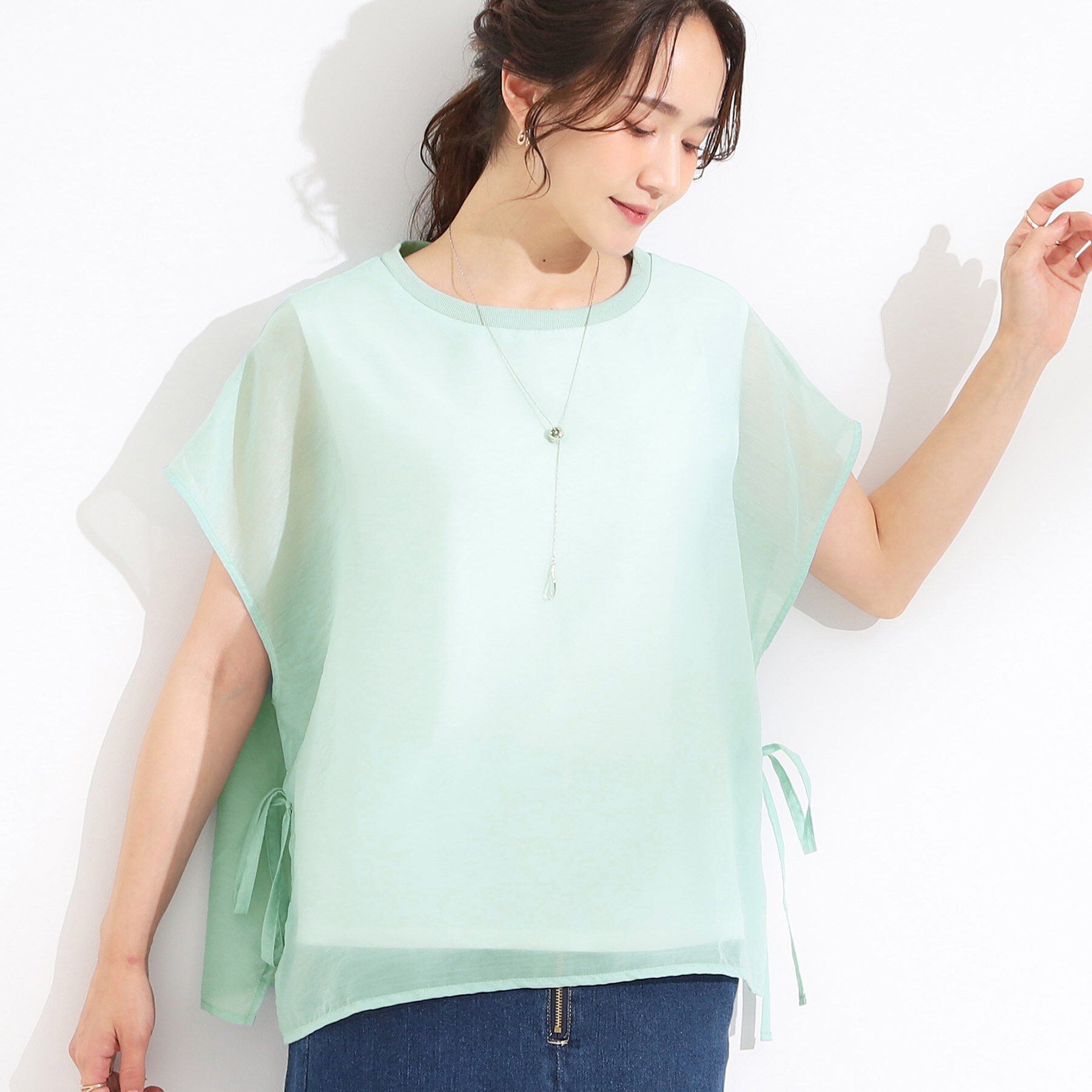 SHOO･LA･RUE「【洗える/S-LL】上品なシアー感 レイヤード風トップス」|シャツ・ブラウス|ミントグリーン(02