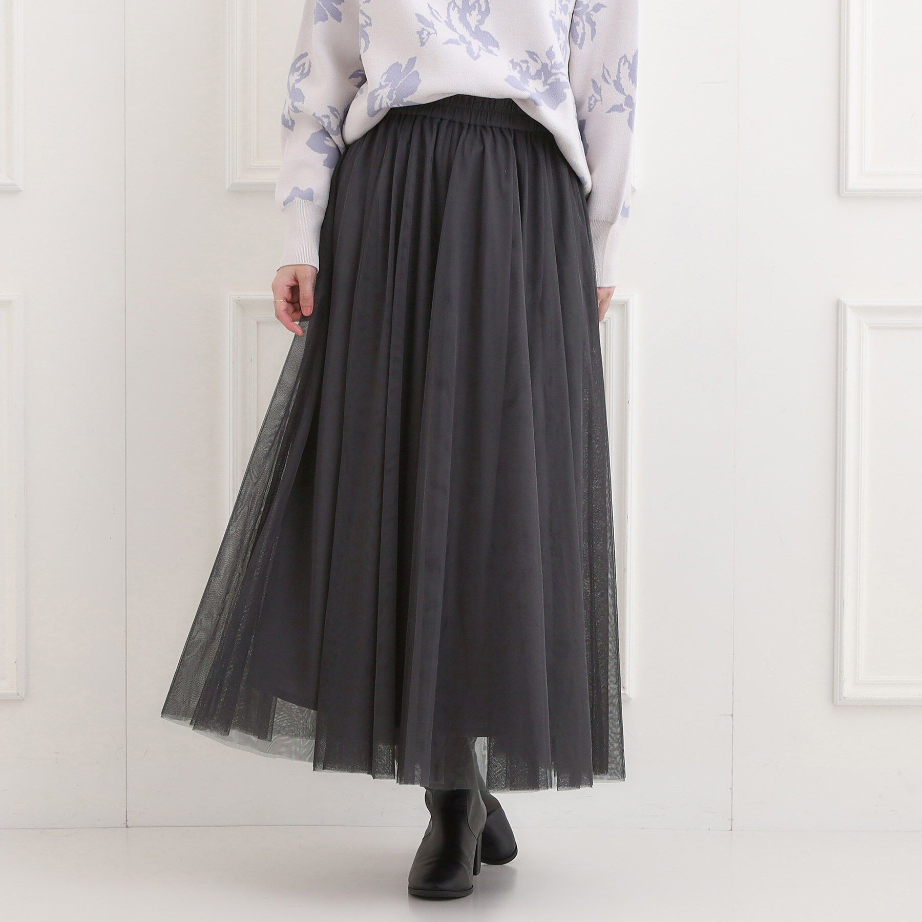 SHOO･LA･RUE「【洗濯機可】セレモニーからデイリーまで ふんわり軽やか チュールギャザースカート」|スカート|グレー(015)