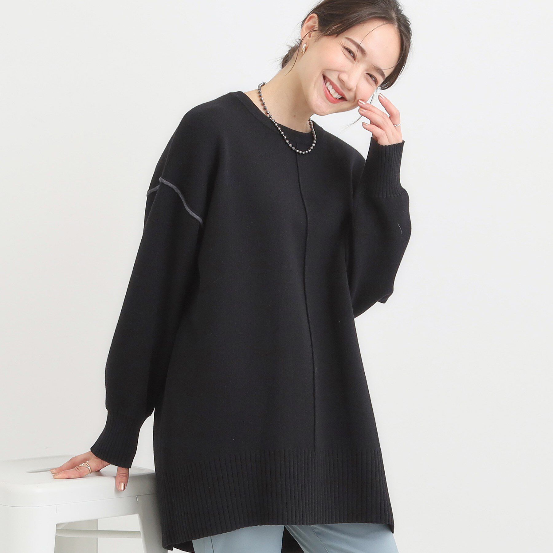 SHOO･LA･RUE「【洗濯機可/毛玉レス】上品に体型カバー チュニックニットワンピース」|チュニック|ブラック(019)