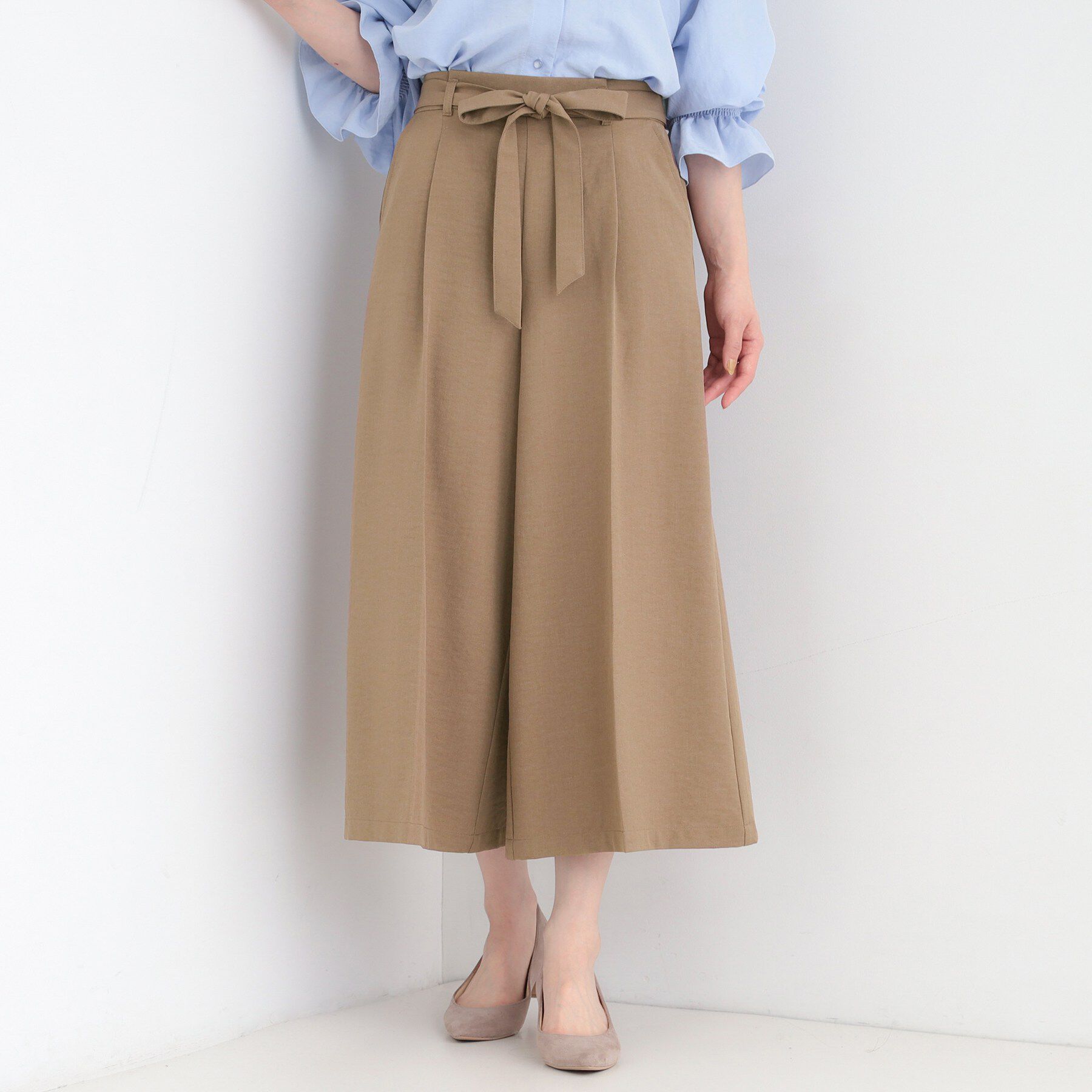 SHOO･LA･RUE「【洗濯機可/S-LL】ハイウエストで美脚見え リボンクロップドワイドパンツ」|その他|キャメルブラウン(0