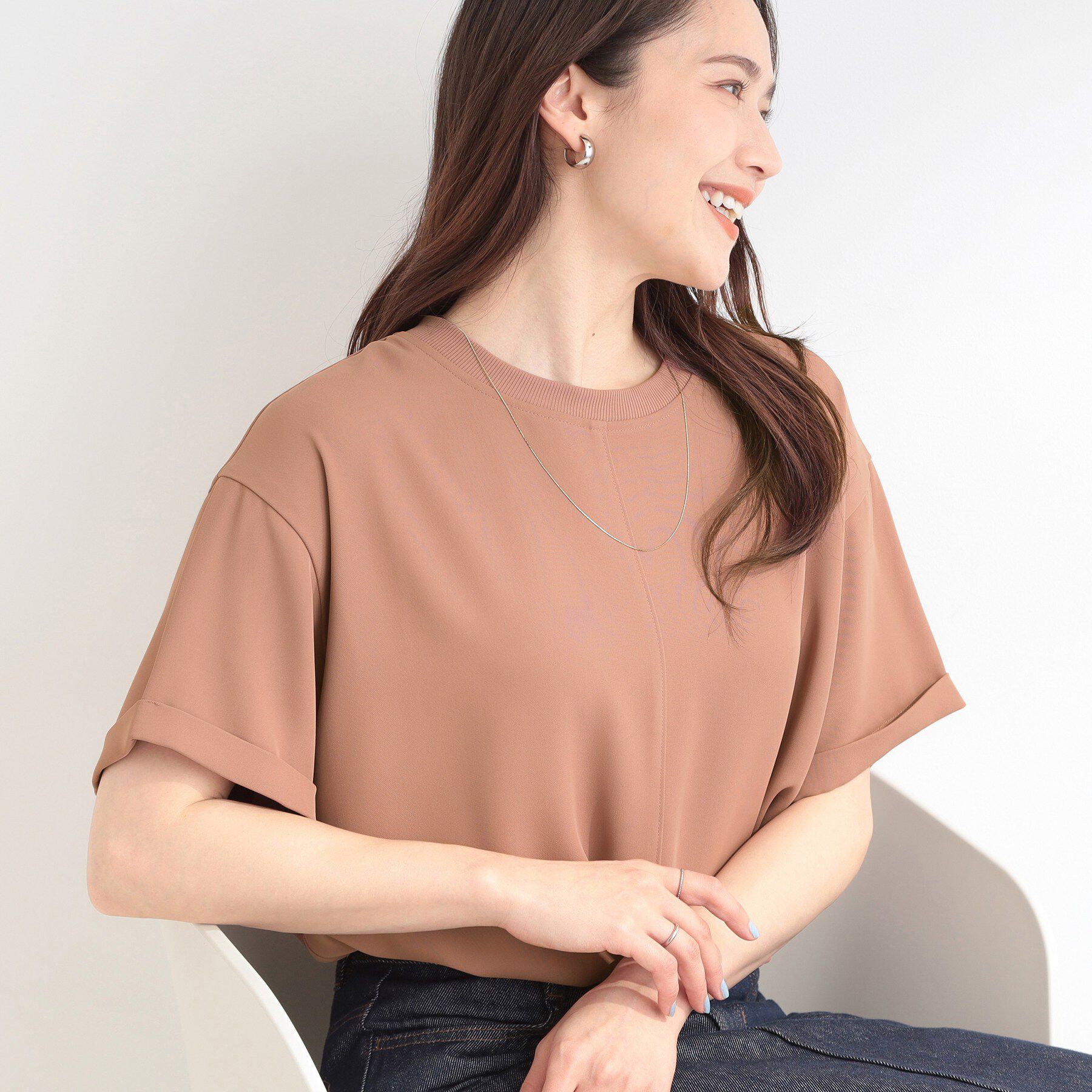 SHOO･LA･RUE「【ひんやり/UV/S-LL/セットアップ可】さらさらぷるんトップス」|シャツ・ブラウス|オレンジ(069)