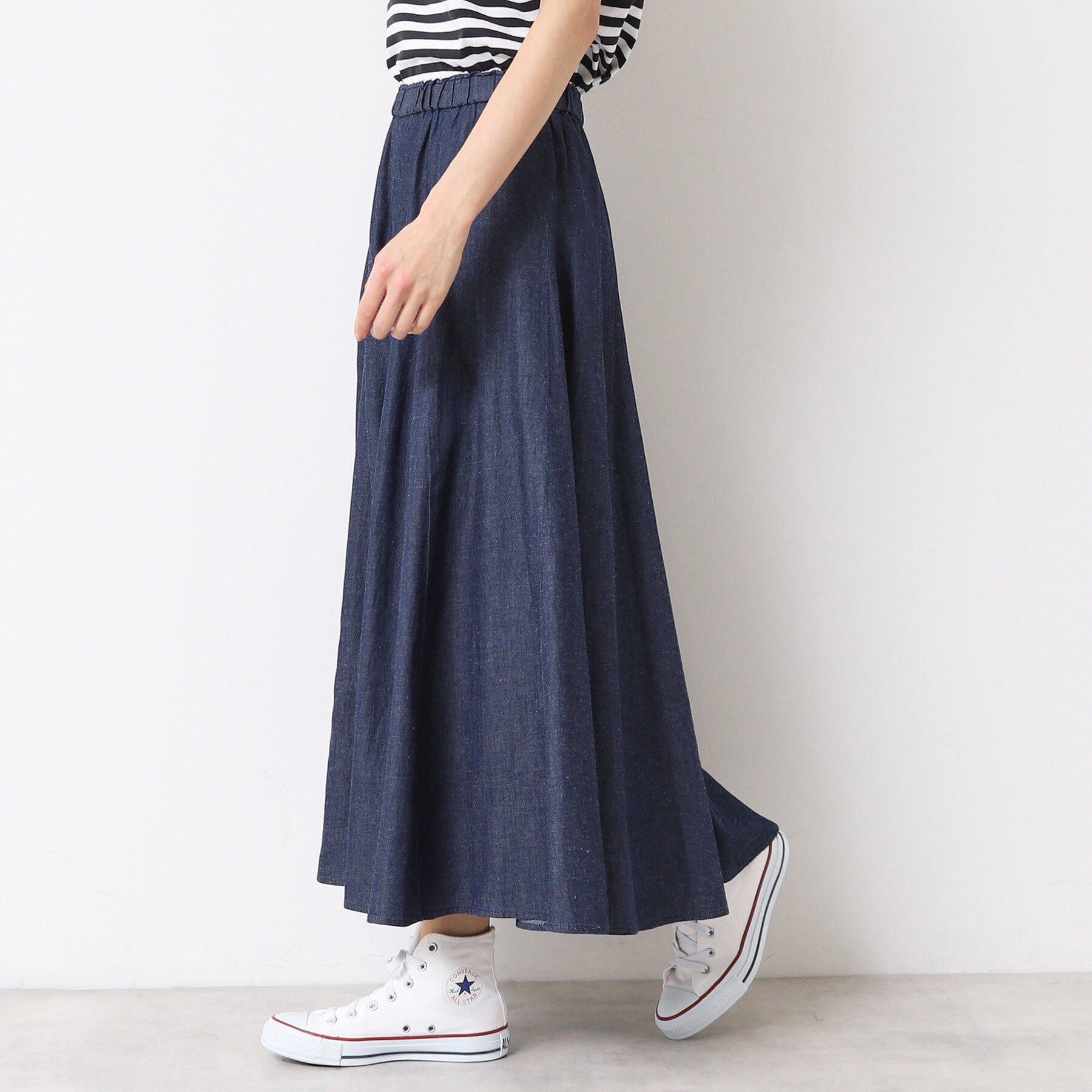 Dessin「【ウエストゴム・洗える】綿麻デニムフレアースカート」|スカート|