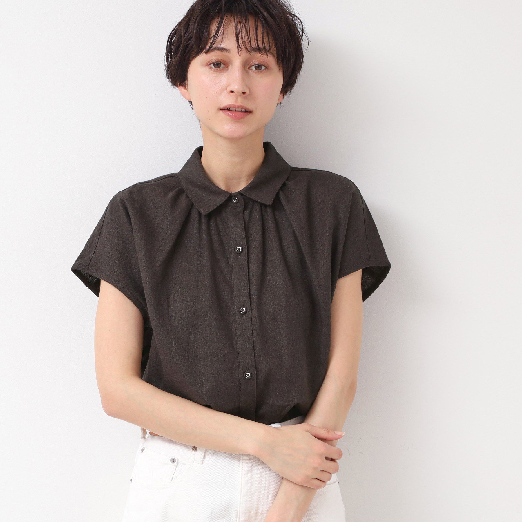 Dessin「【洗える】シャツカラーフレンチスリーブブラウス（XS～L）」|シャツ・ブラウス|ブラウン(044)