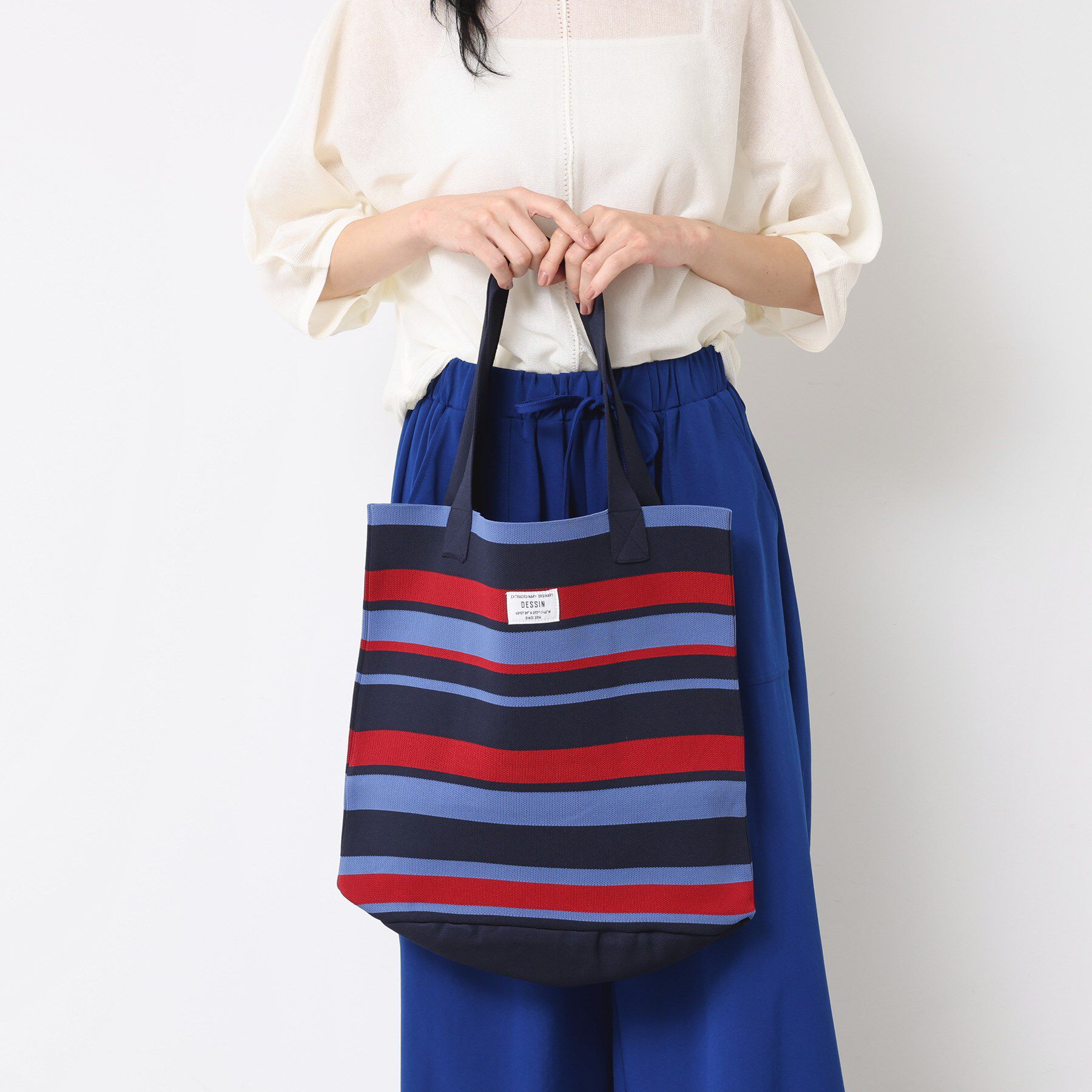 Dessin「【マシンウォッシャブル・A4収納可】ランダムボーダーニットBAG」|トートバッグ|ネイビー(394)
