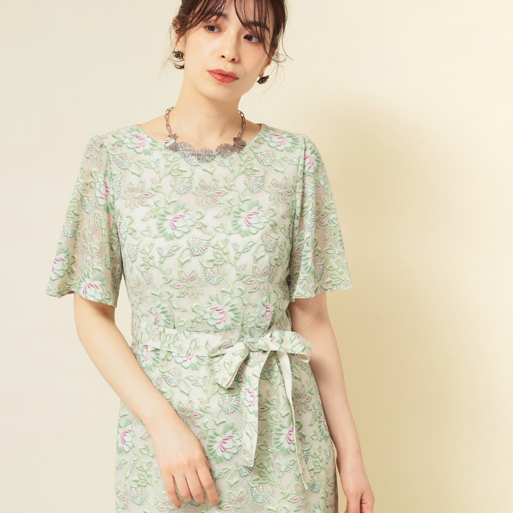 SunaUna「【オパール加工レース／リボン付き】フィット＆フレアワンピース」|ワンピース|