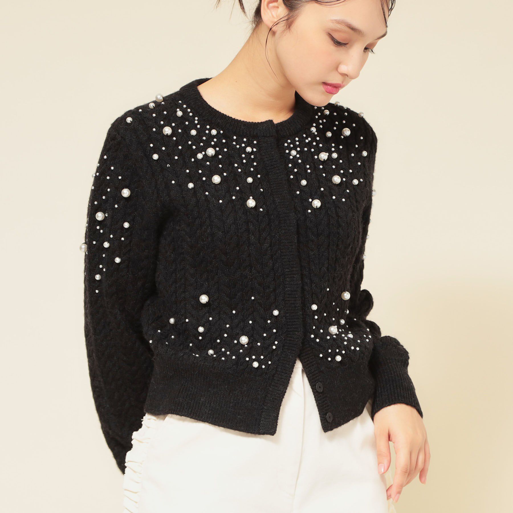 SunaUna「【COLLECTION LINE】パール調カーデ」|カーディガン|ブラック(019)
