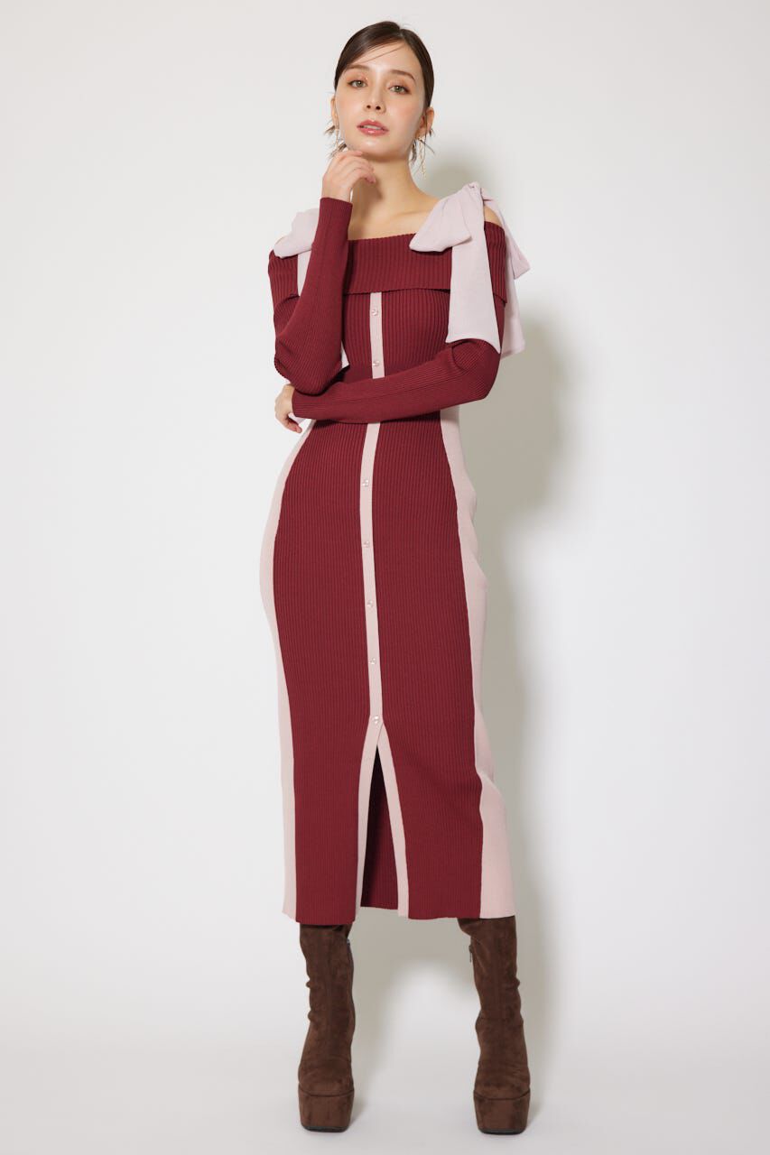 rienda「バイカラーオフショルリボンニットワンピース」|ワンピース|RED
