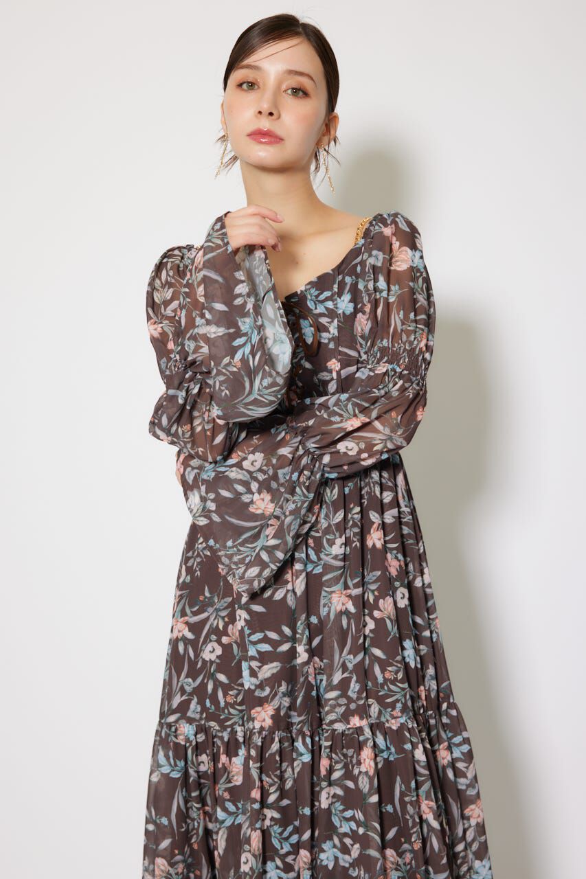 rienda「レースアップフラワーパターンフレアワンピース」|ワンピース|