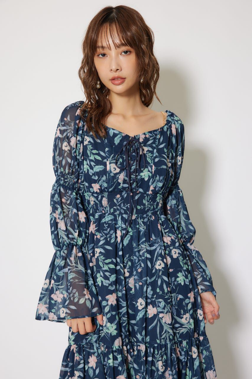 rienda「レースアップフラワーパターンフレアワンピース」|ワンピース|