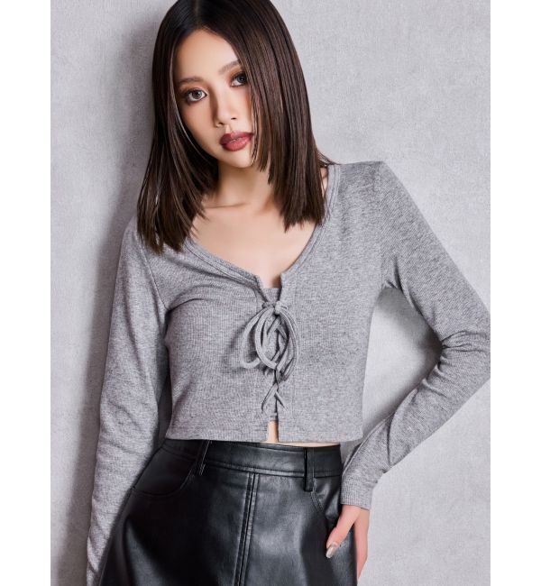 GYDA「フロントレースアップショートトップス」|Tシャツ・カットソー|グレー