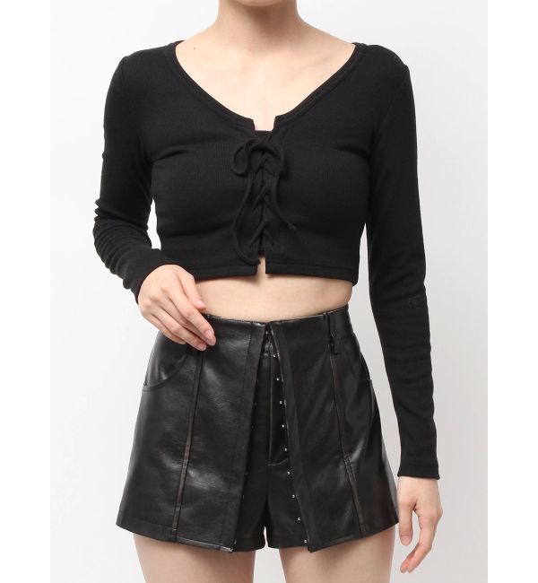 GYDA「フロントレースアップショートトップス」|Tシャツ・カットソー|ブラック