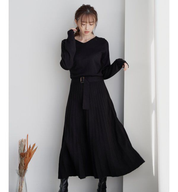 IKKA LOUNGE「フィット＆フレアニットプリーツワンピース」|その他|