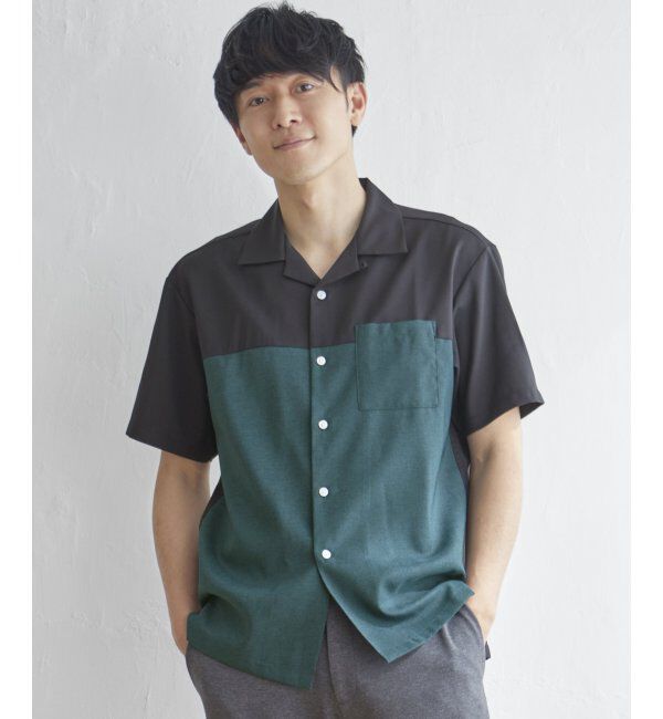 ikka「バイカラーオープンカラーシャツ」|シャツ・ブラウス|グリーン1