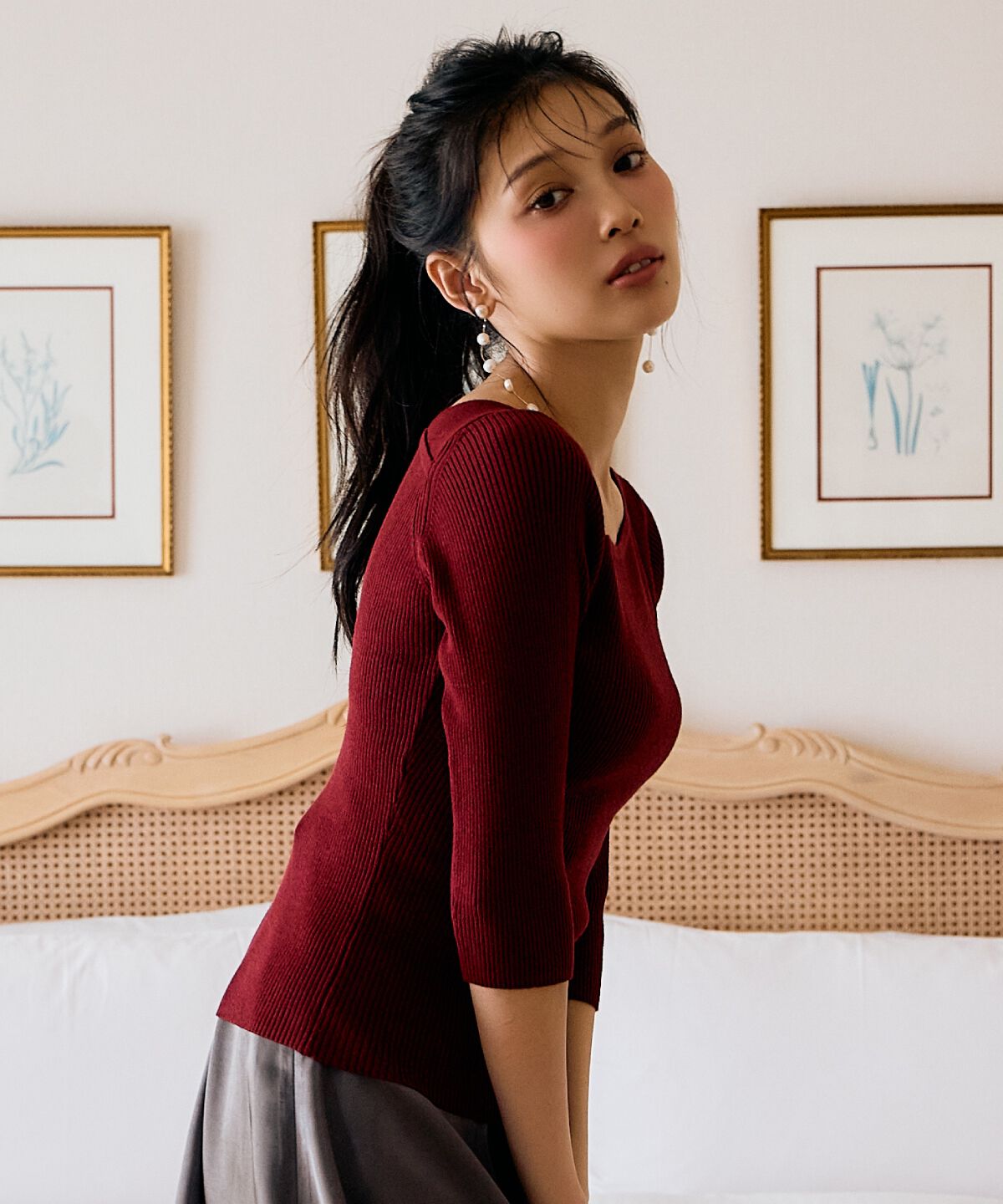 アンドクチュール「アシメVネック7分袖プルオーバー」|ニット・セーター|