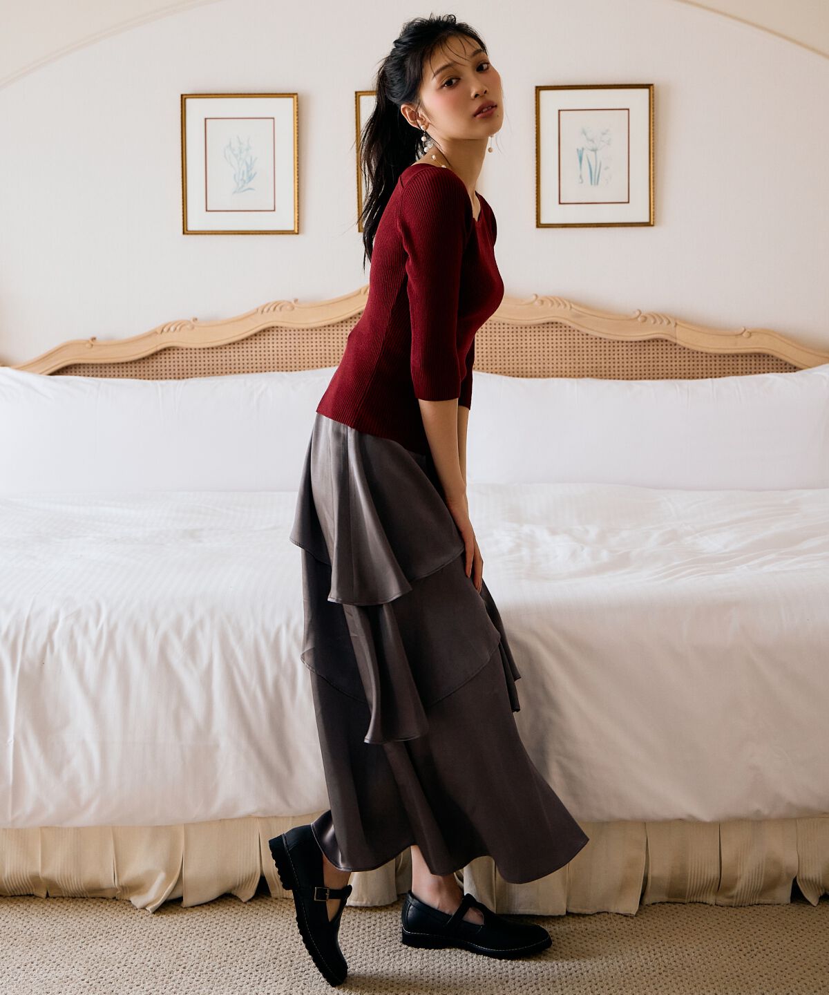 アンドクチュール「アシメVネック7分袖プルオーバー」|ニット・セーター|