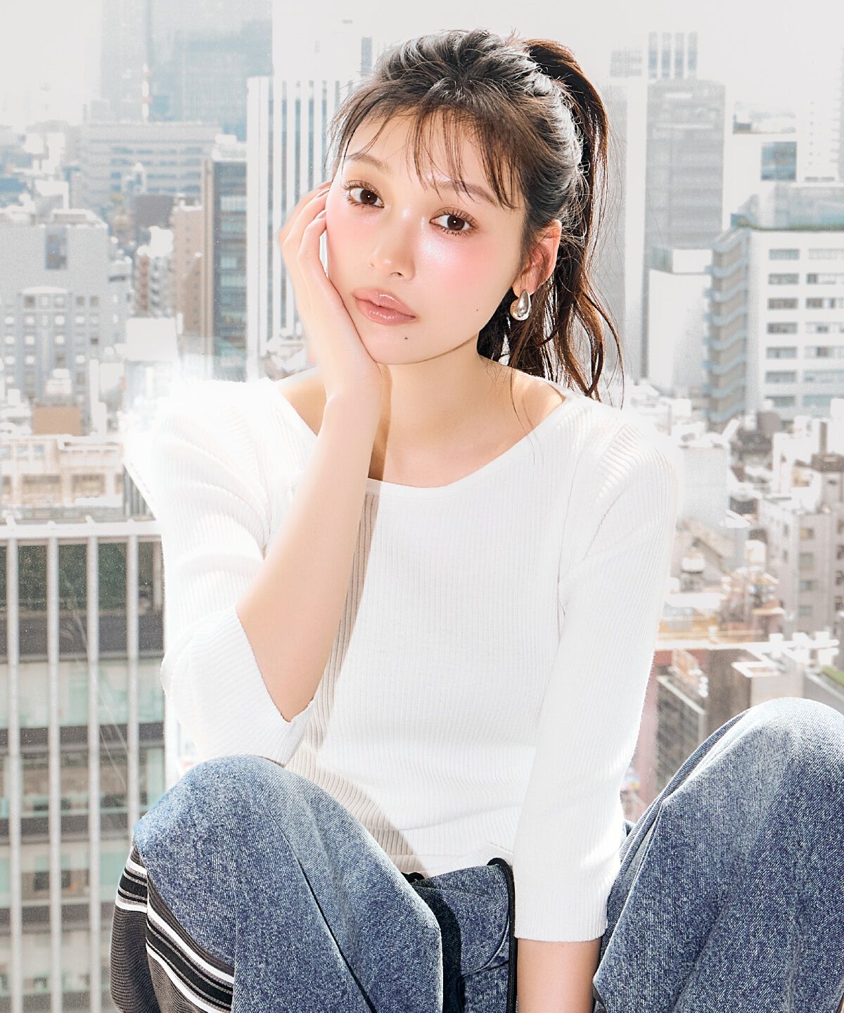 アンドクチュール「アシメVネック7分袖プルオーバー」|ニット・セーター|