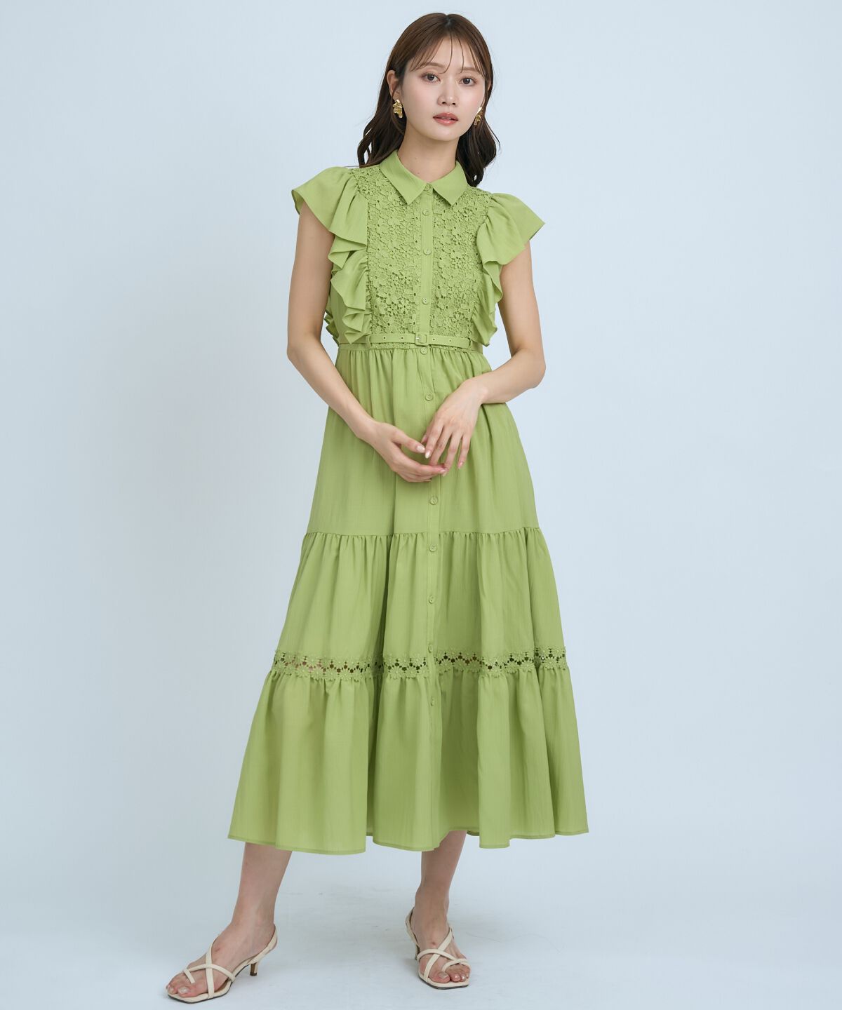 アンドクチュール「レースフリルシャツワンピース」|ワンピース|グリーン