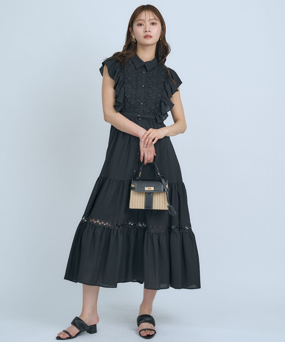 アンドクチュール「レースフリルシャツワンピース」|ワンピース|ブラック