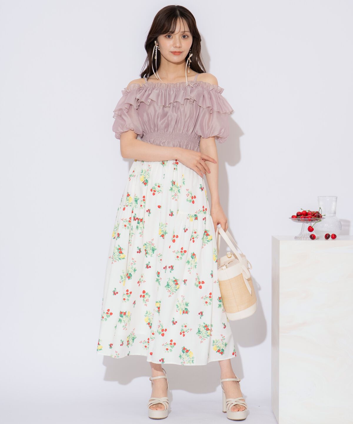 WILLSELECTION「フルーツプリントギャザー切替スカート」|フレア|