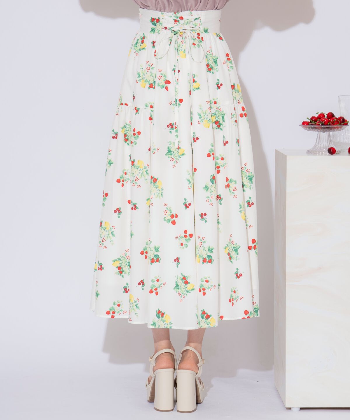 WILLSELECTION「フルーツプリントギャザー切替スカート」|フレア|
