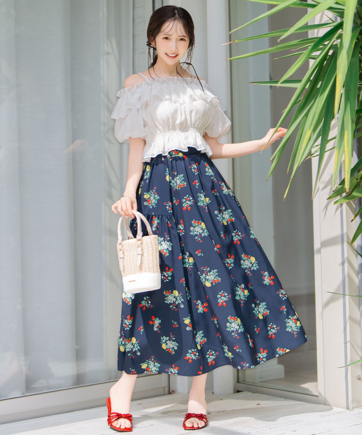 WILLSELECTION「フルーツプリントギャザー切替スカート」|フレア|ネイビー