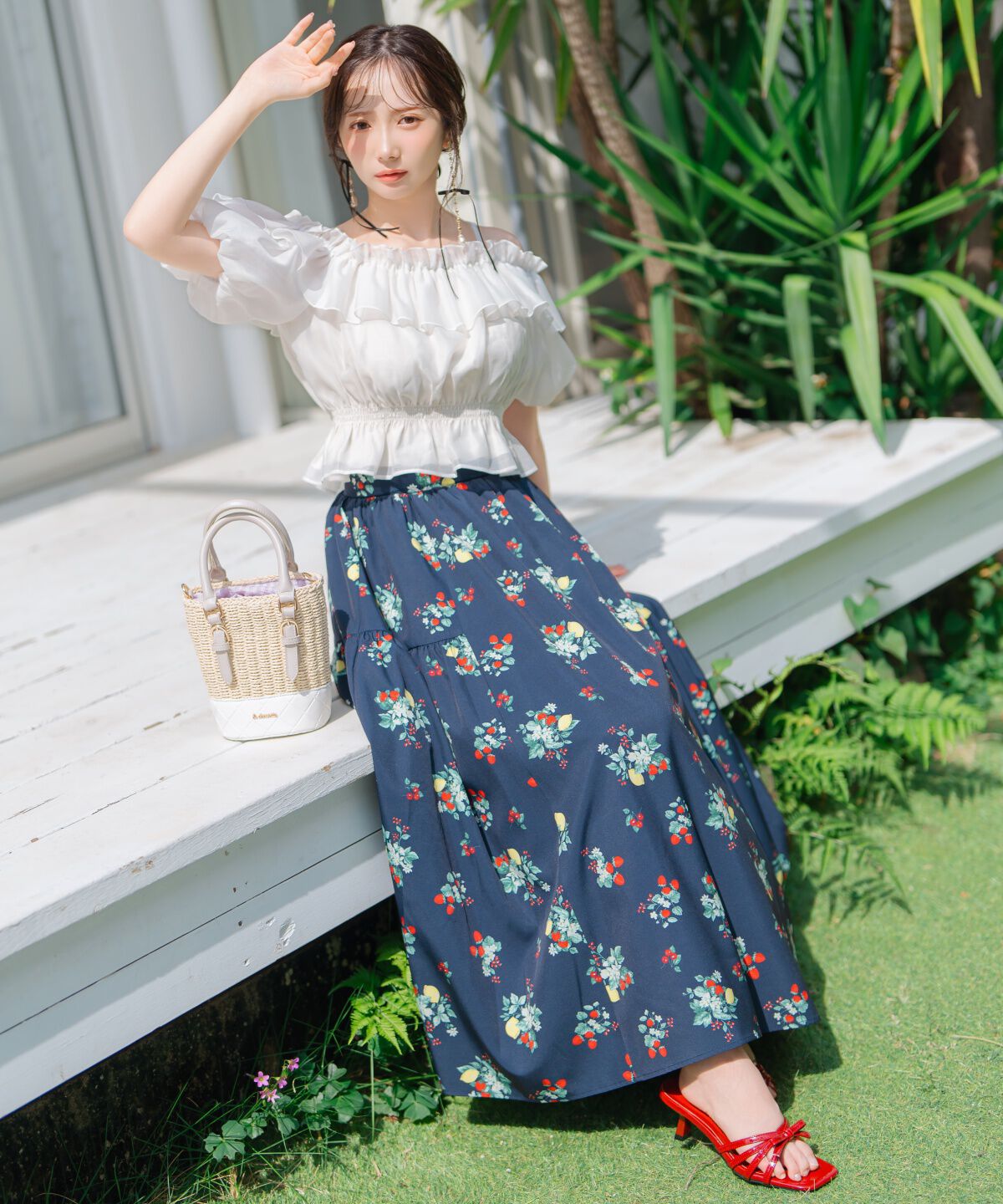 WILLSELECTION「フルーツプリントギャザー切替スカート」|フレア|