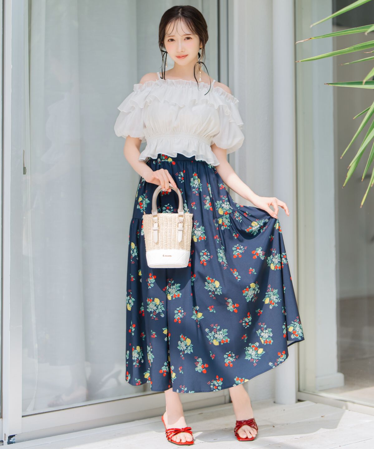 WILLSELECTION「フルーツプリントギャザー切替スカート」|フレア|