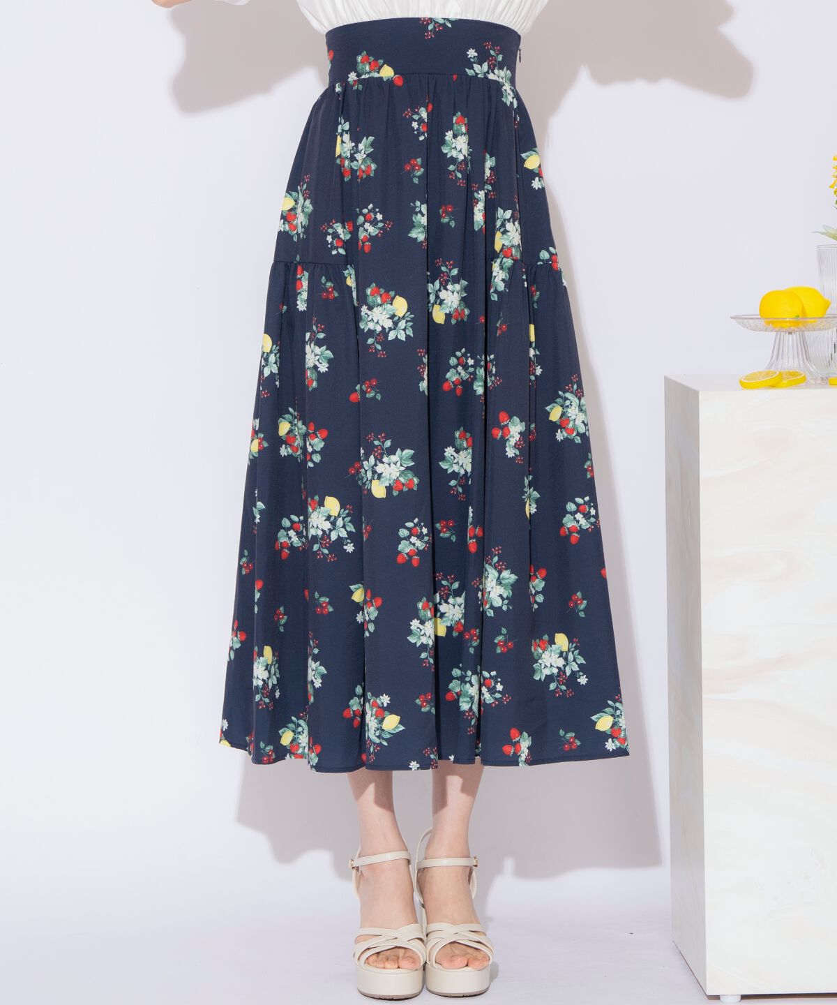 WILLSELECTION「フルーツプリントギャザー切替スカート」|フレア|