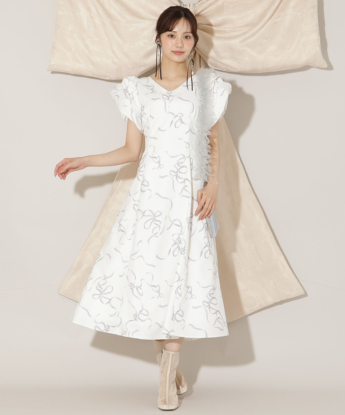 WILLSELECTION「リボンプリントバブルスリーブフレアワンピース」|ワンピース|