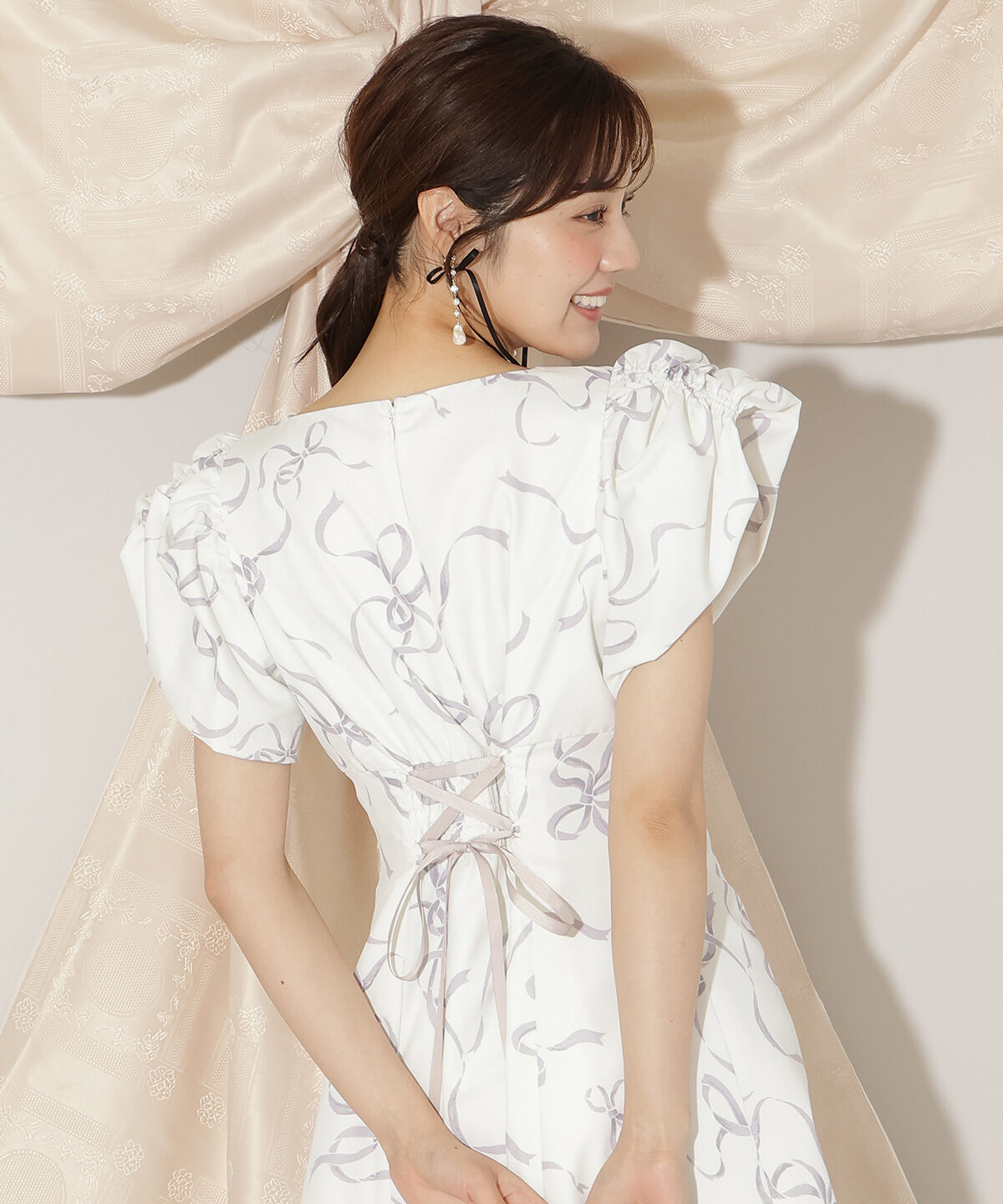 WILLSELECTION「リボンプリントバブルスリーブフレアワンピース」|ワンピース|