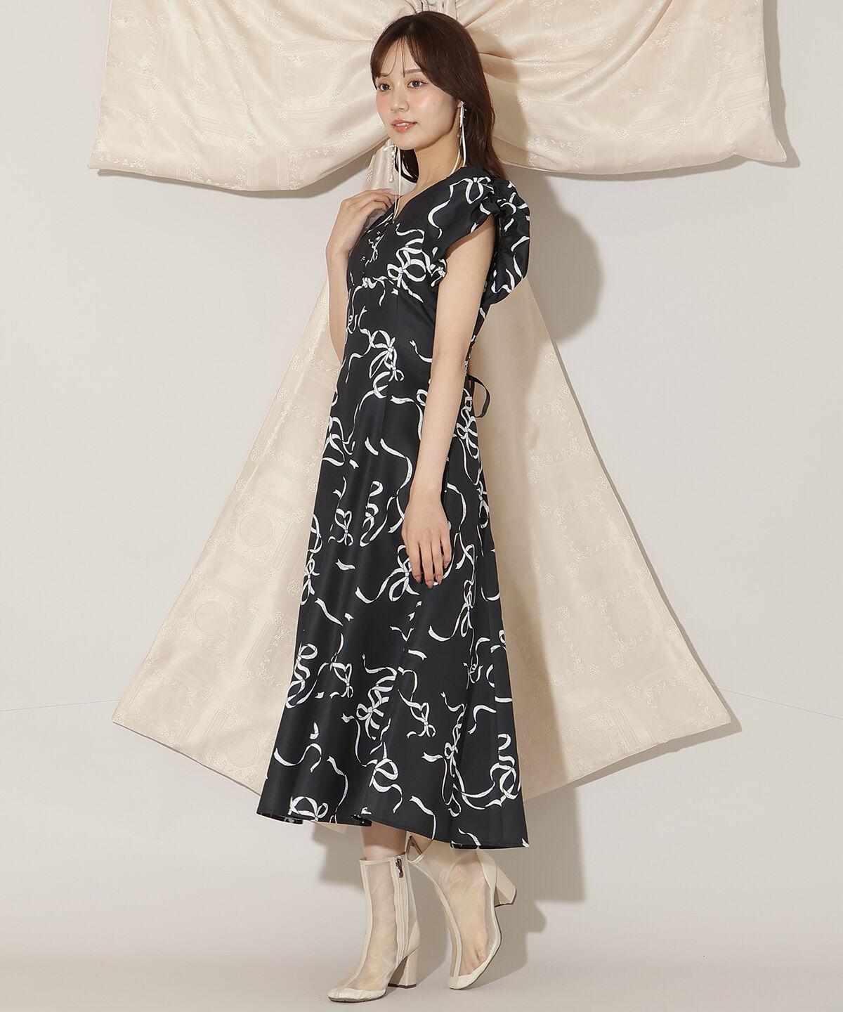 WILLSELECTION「リボンプリントバブルスリーブフレアワンピース」|ワンピース|